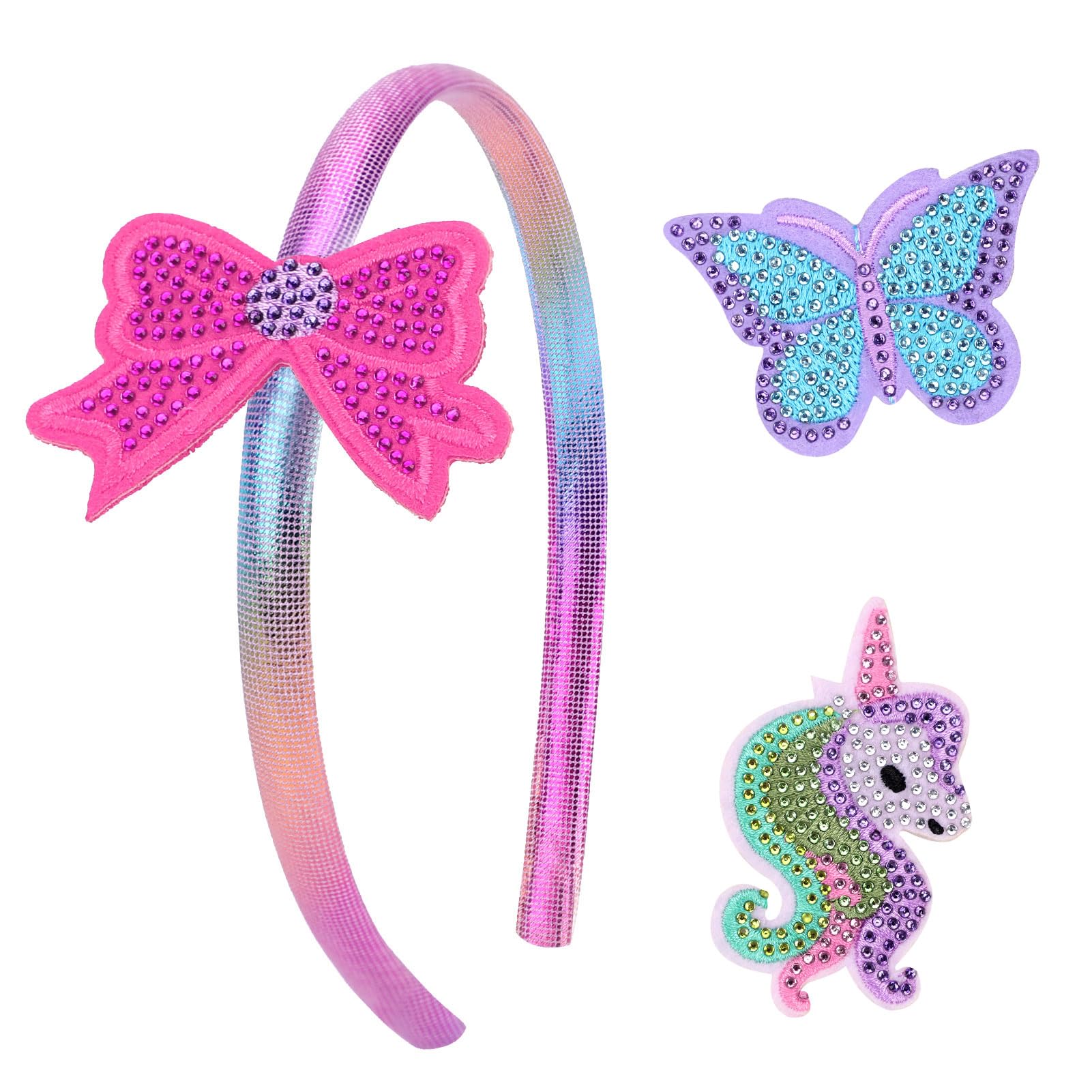 LUCKYBUNNY Cute Headband Hair Clips for Girls, Toddler Kids Headband with Interchangeable Unicorn Butterfly Bow Clips, Easy to Change Out The Charms,