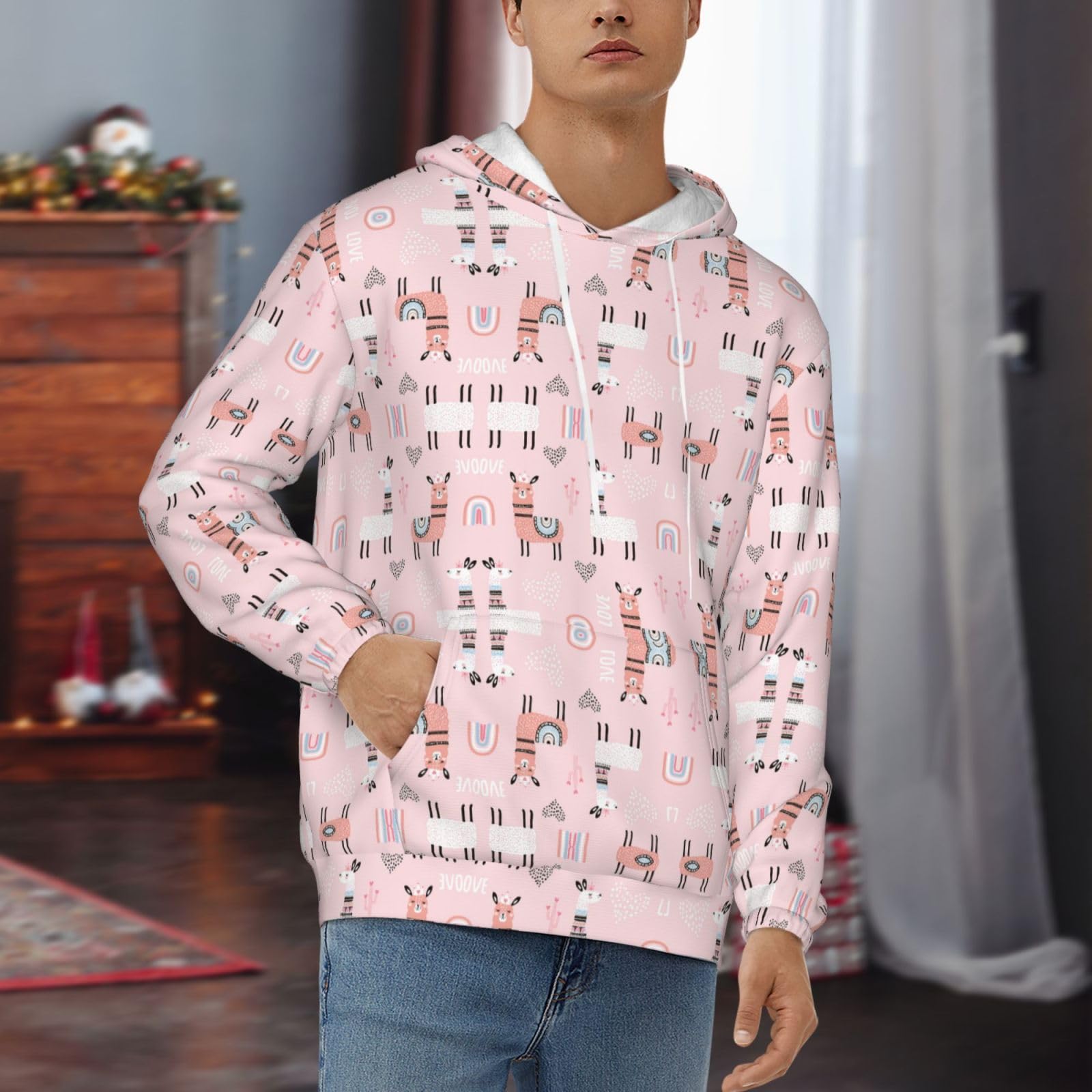 Męska lama. Bluza z kapturem z nadrukiem, casualowa grafika z nadrukiem bluzy z kapturem z kieszenią
