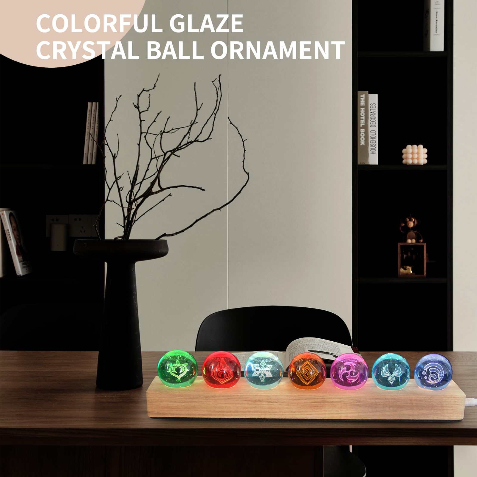 7 Stück Anime Genshin Impact Balls,3D Auge Gottes Kristallkugel LED Nachtlicht,USB 40mm GlasKugel,mit Holzsockel,Hydro/Dendro/Electro/Geo/Pyro/Anemo/Cryo Set Spielele Merch Geschenk (Stil 2)