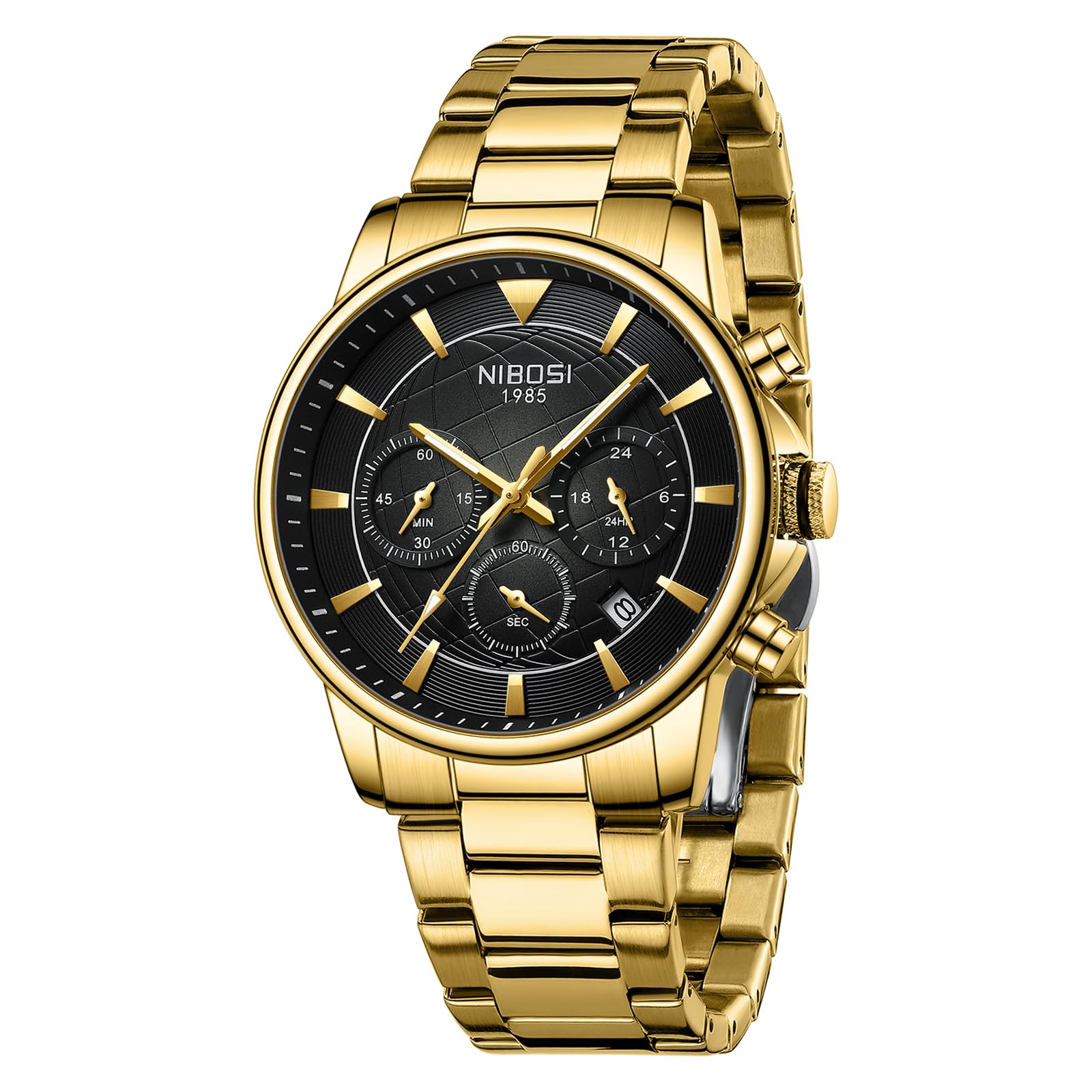 NIBOSI Watches for Men Business Fashion Stylish Mens Watch Waterproof Chronograph Date Quartz Men Wrist Watch Stainless Steel Strap (Gold Black) (B0D9LBFSXG) Amazon Price History, Amazon Price Tracker