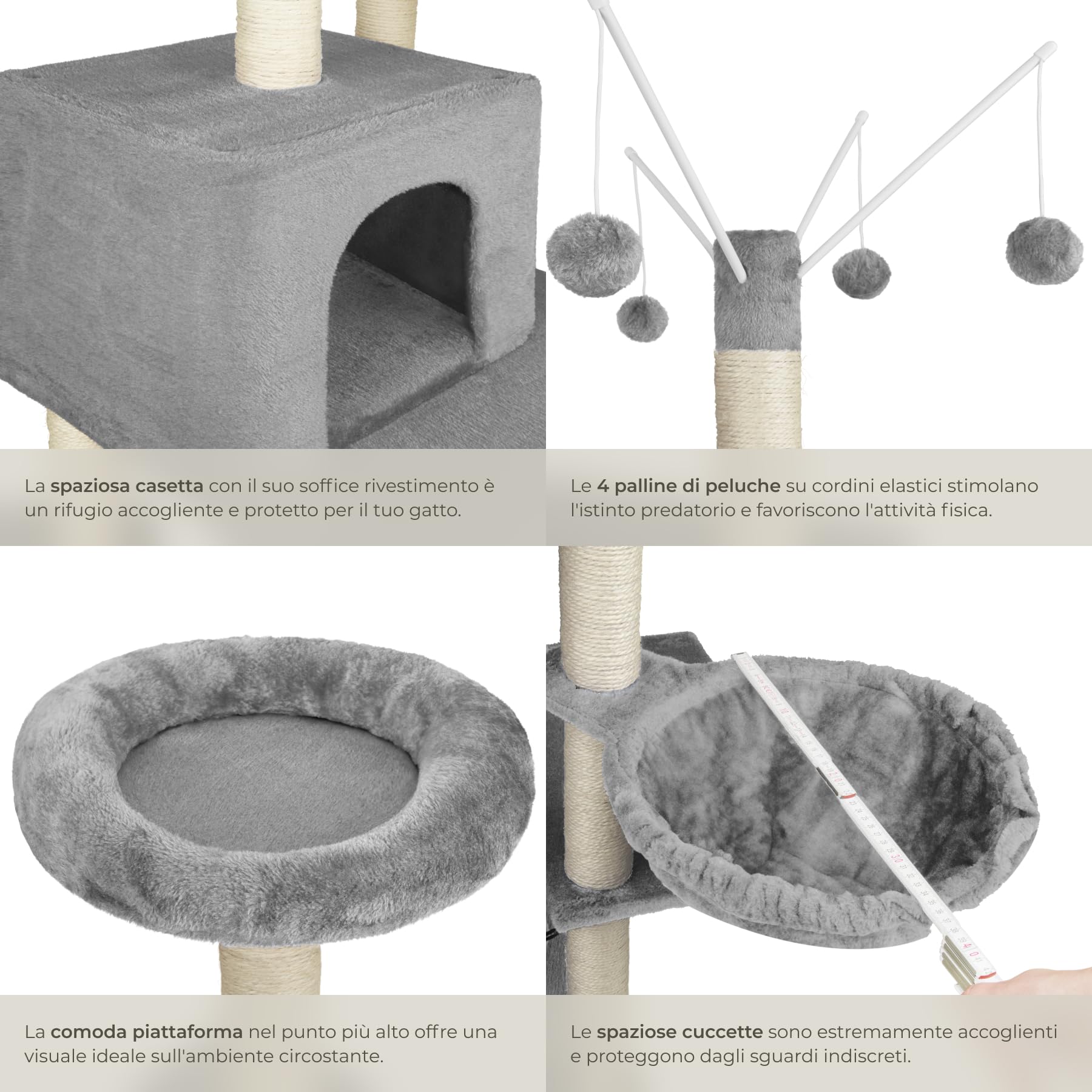 tectake® Albero Tiragraffi per Gatti con Colonne in Sisal, Tiragraffi Gatto con Cuccette e Comoda Casetta, Tiragraffi con Piattaforma Panoramica, Rivestimento in Morbido Peluche - Grigio