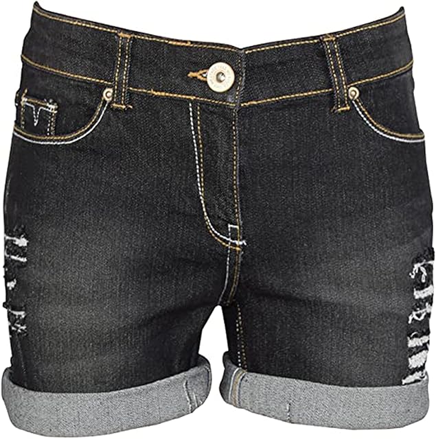 AFS Ladies Stretchy Denim Shorts Distressed Jeans Boyfriend Skinny Hotpants Ripped Rollup Half Pants (14, Black)