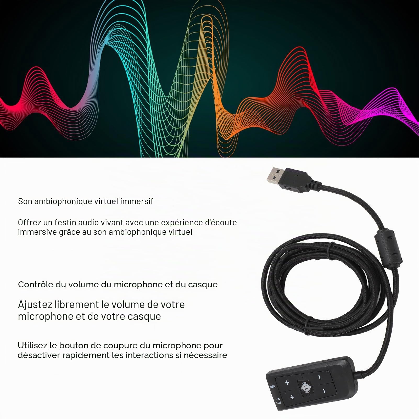 Adaptateur Audio USB vers Jack 3,5 Mm, Carte Son USB Externe avec Contrôle du Volume, Son Surround Virtuel 7.1, pour Casque de Jeu Hyper X Cloud II, Compatible avec PC,