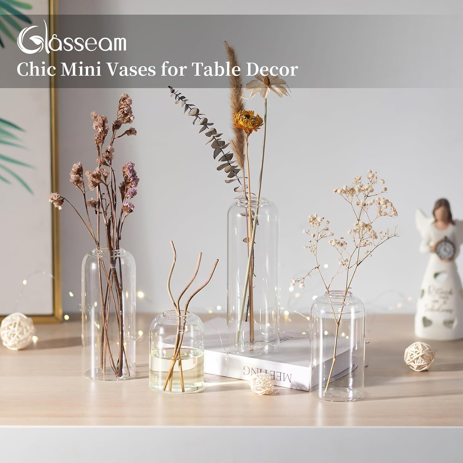 Glasseam Glass Bud Vase for Centerpieces, 4pcs Small Flower Vase Set for Single Rose Bouquet, Modern Minimalis Clear Table Centerpieces for Home Decor Living Room Bathroom Kitchen Wedding Party - Image 4