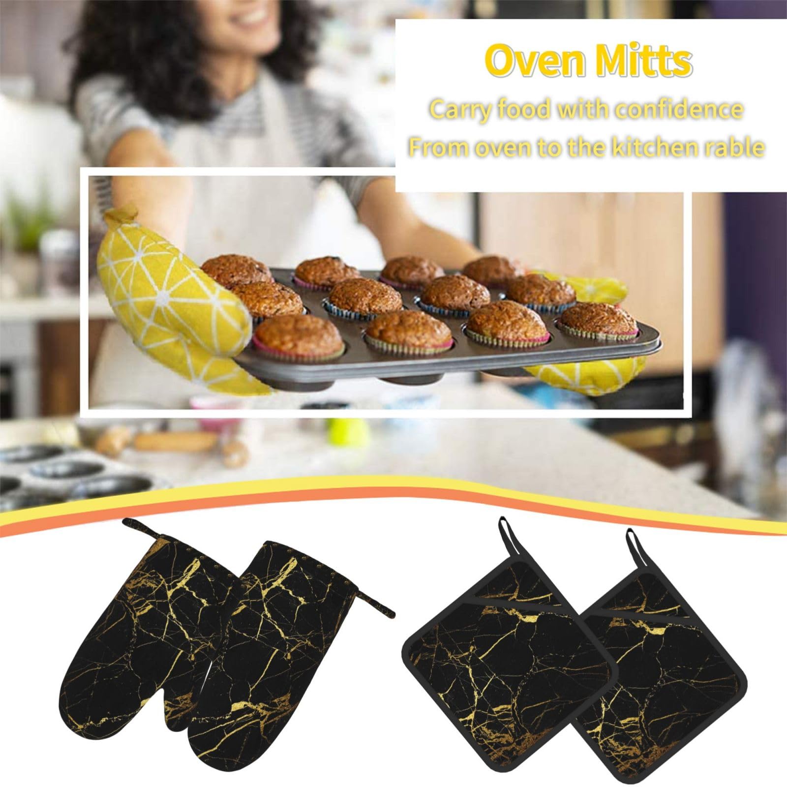 Juego de Cuatro Piezas de Guantes y Manoplas Resistentes al Calor para Hornear, Guantes de Cocina Antideslizantes, Manoplas para Horno, Estampado de mármol Negro y Dorado.