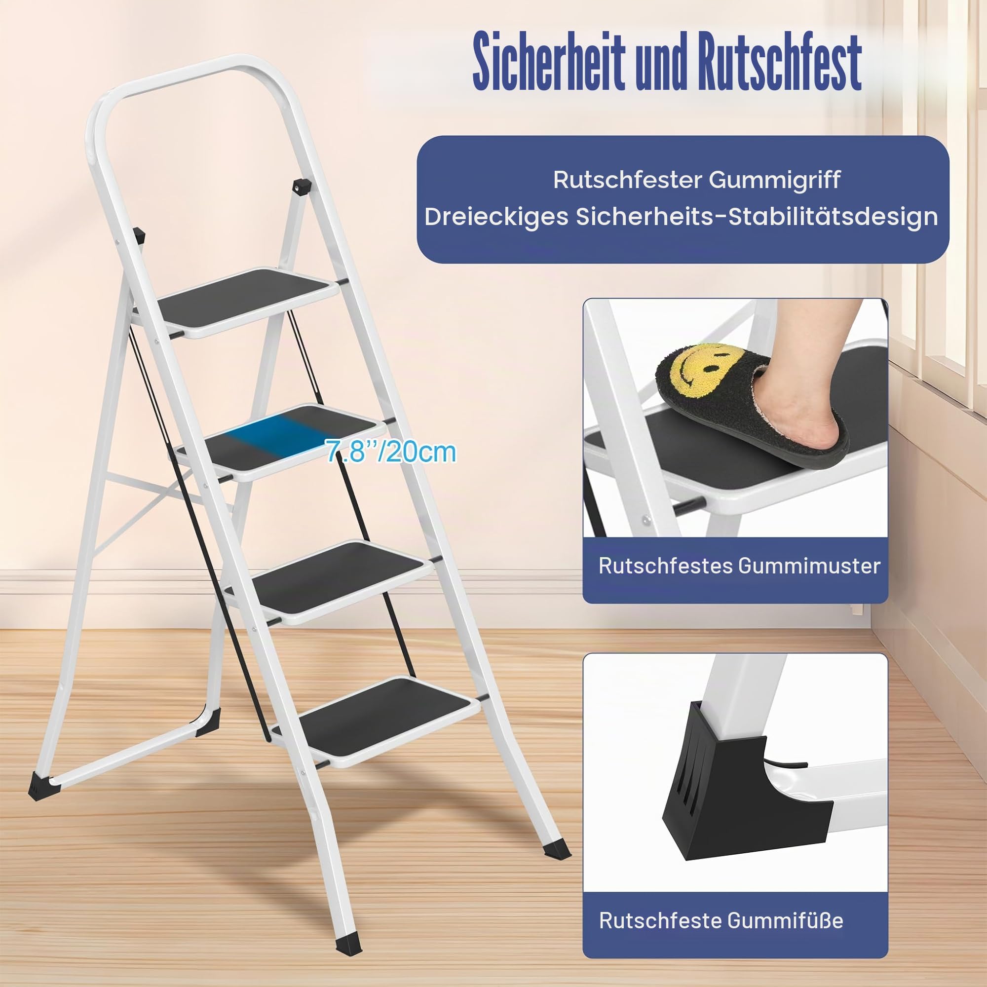LZQ Klappleiter Trittleiter 4 Stufen – Haushaltsleiter klappbar mit rutschfesten Stufen & stabilem Stahlrahmen, platzsparend faltbar, 150 kg Tragkraft, Klapptritt für Küche, Büro, Balkon