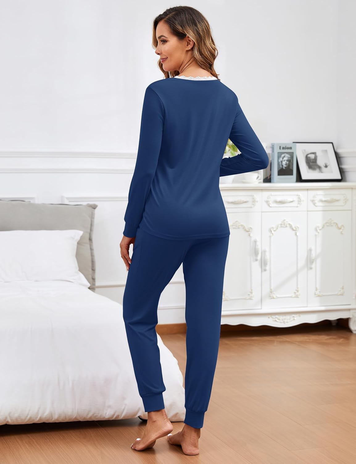 Soft Womens Pajama Sets Lace Lounge Sets V-neck 2 Piece Long Sleeve Top with Jogger Pants Loungewear Set with Pockets - Image 2