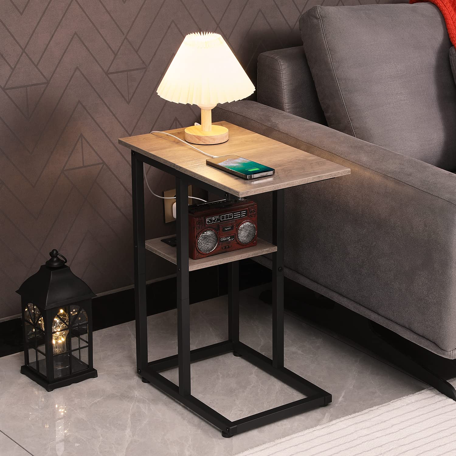 LAKEMID Side Table with Charging Station Set of 2 - Small C Table Narrow End Table with Metal Frame for Living Room Bedroom Small Spaces (Light Lvory)