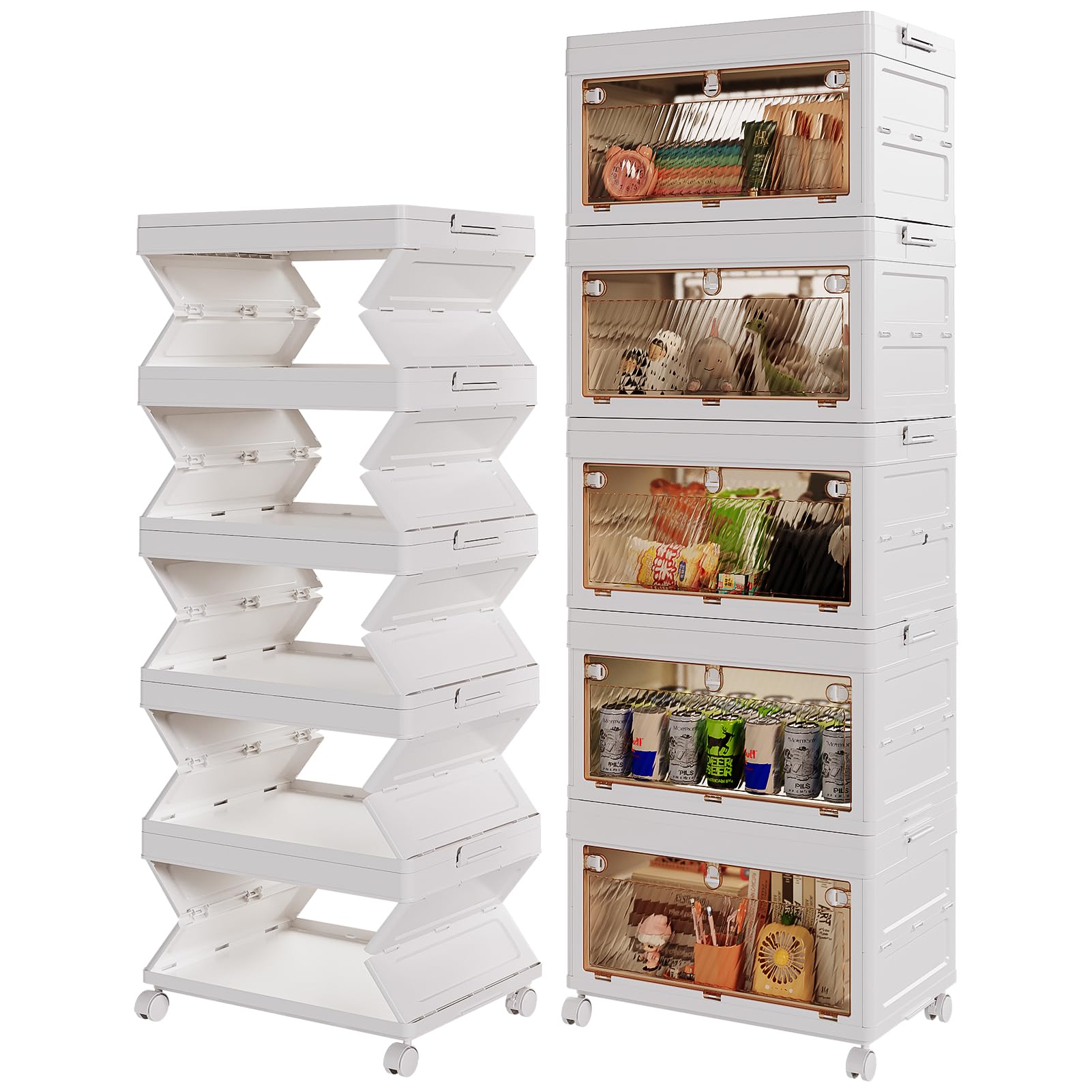 NEW Integrated Storage Boxes with Lid 60L*5 Tier One-Piece Design Plastic Storage Boxes, Flip-Door Foldable Stackable Bins with Wheels, Stackable Drawers Containers for Home Office Organisation