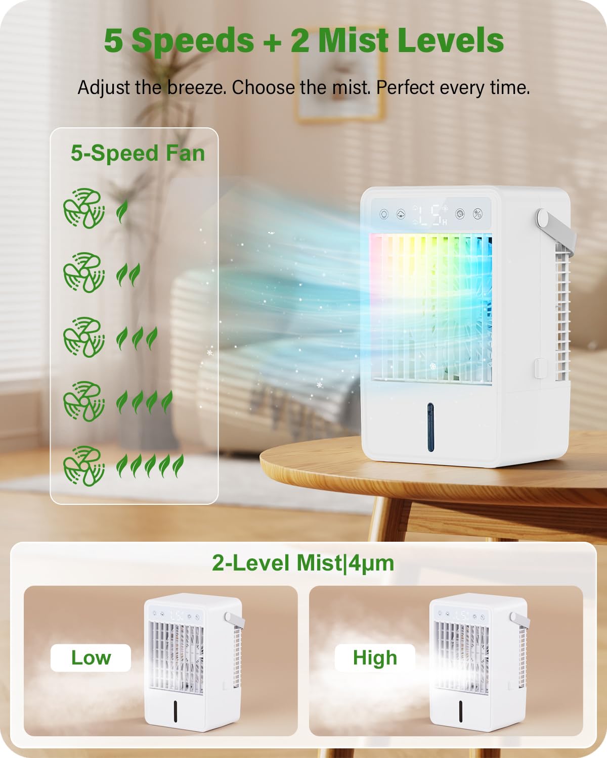 Aire Acondicionado Portatil con Mando a Distancia | Enfriador de Aire de 1500ML | 5 Intensidades y 3 Modos de Vapor | Temporizador 2/4/6/8/10 Horas y Luz RGB | Diseño Compacto para Dormitorio Oficina
