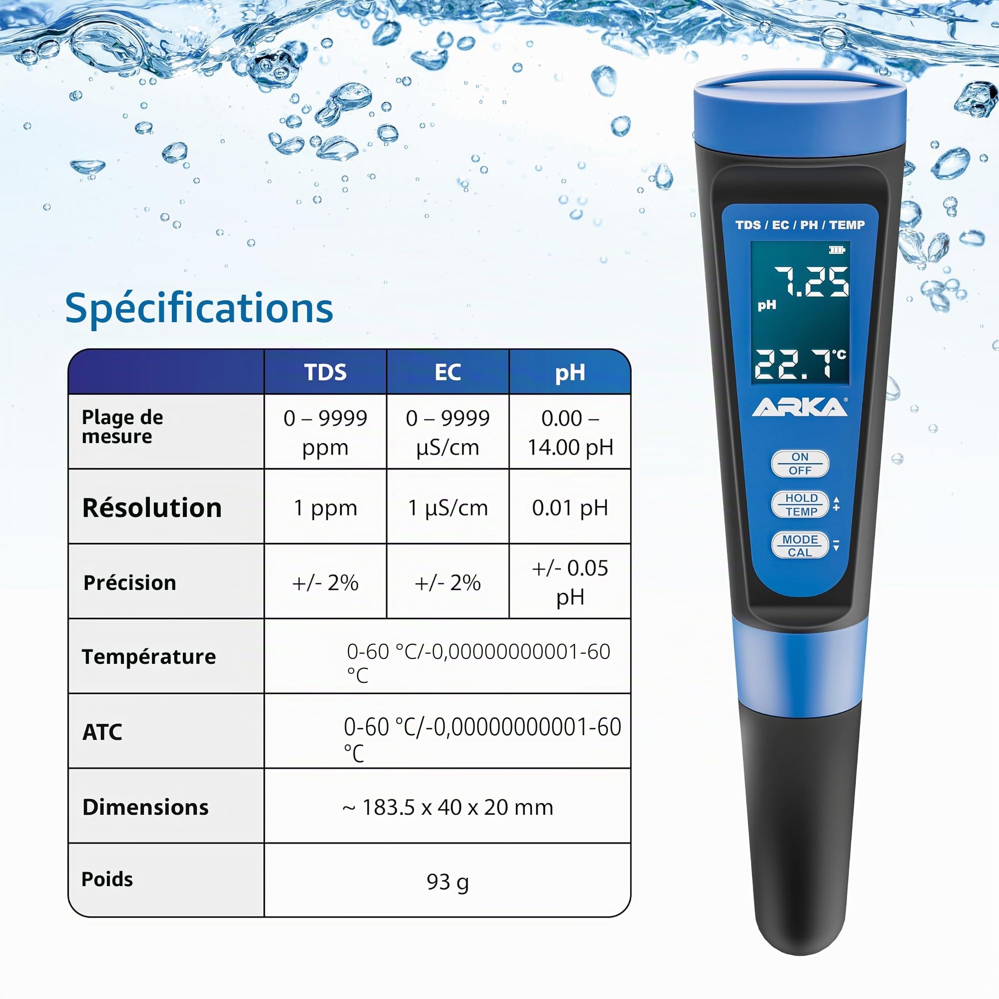 ARKA myAQUA pH/TDS/EC Meter - Testeur de qualité de l'eau pour pH, TDS, EC & température, Solution de calibrage Incluse, idéal pour Les Aquariums, Les piscines, Les bassins & l'eau Potable