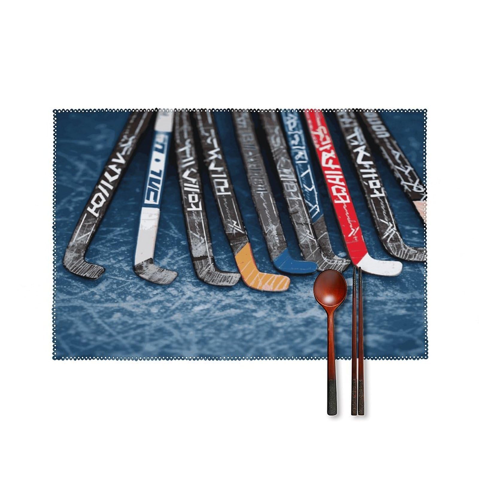 Ice Hockey Sticks Placemats Set of 4 Heat Resistant Non-Slip Place Mats for Dining Table Washable Placemat Wipeable Dining Table Mat Canvas Place Mats Dining Table Decor