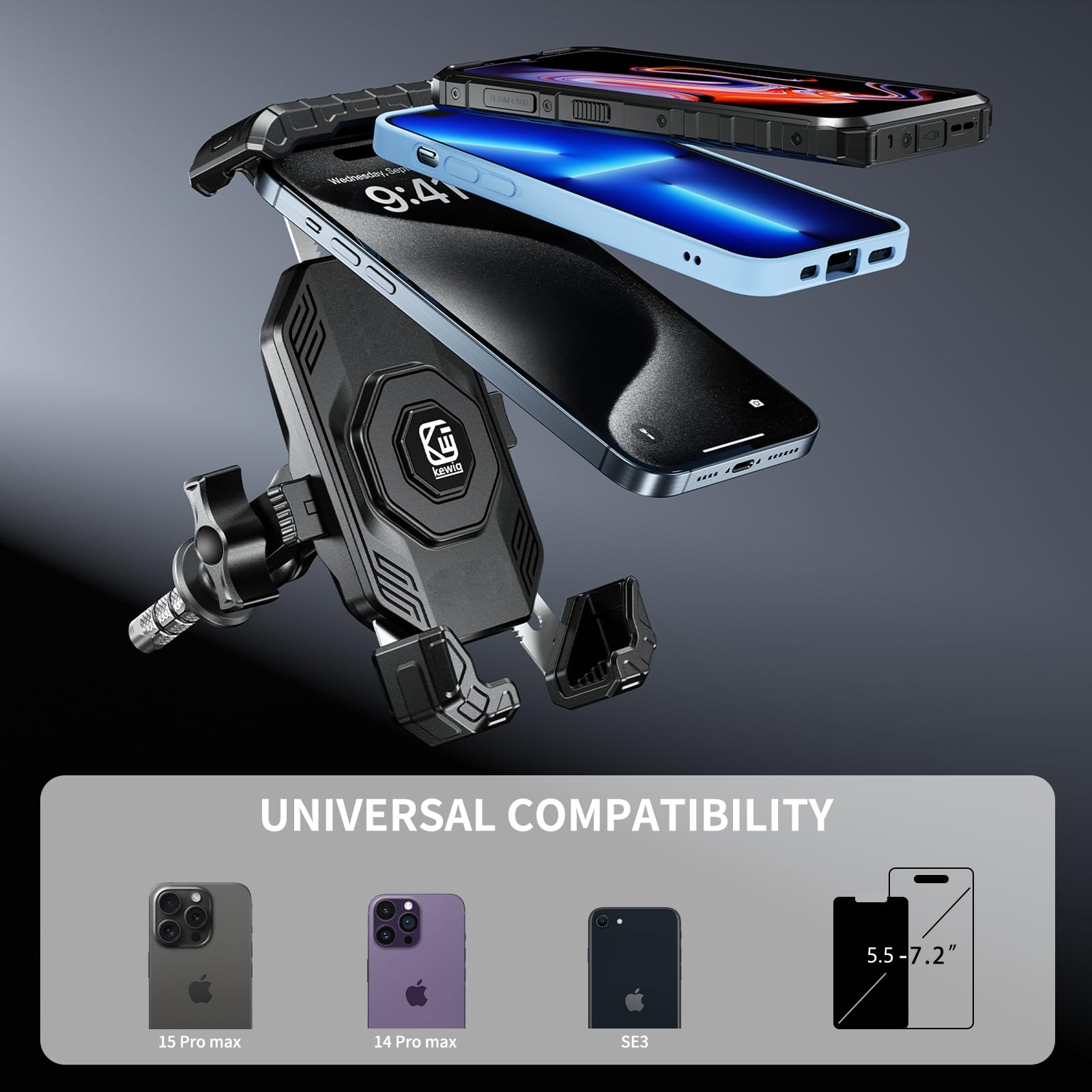 Kewig Soporte antirrobo para teléfono para manubrio de motocicleta, bloqueo y liberación de 1 s, se adapta a vástago de horquilla de 12 a 25,4 mm de diámetro, para teléfonos celulares de 5,5 a 7,2