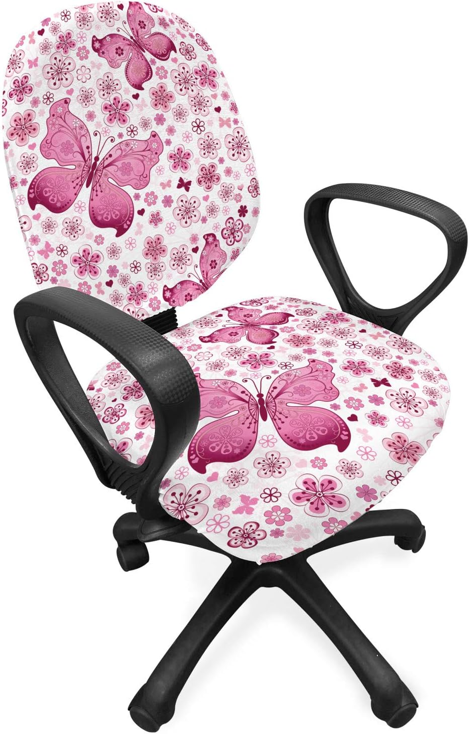 Ambesonne Butterfly Office Chair Slipcover, Floral Arrangement and Hearts Background Animals with Vibrant Colors, Protective Stretch Decorative Fabric Cover, Pale Pink White