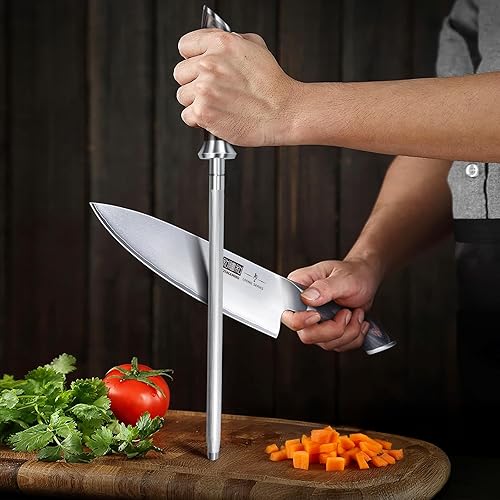 Miniatura 7 de HOSHANHO Varilla afiladora de cuchillos de cocina profesional de 10 pulgadas, acero japonés de alto carbono con mango ergonómico de madera de