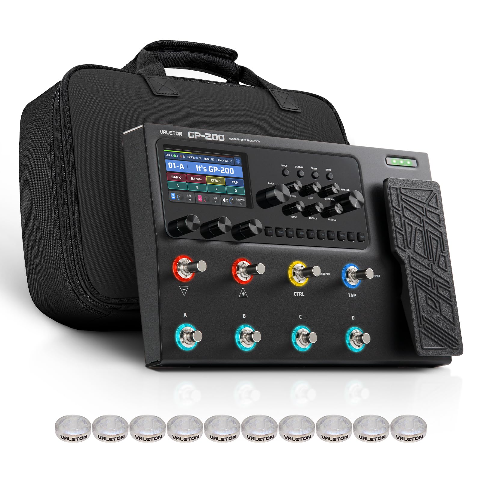 VALETON Processore Multi-Effetti per Chitarra e Basso con Modellazione Ampli Cabinet IR 240+ Effetti 140 Simulazioni Ampli Looper Interfaccia Audio USB MIDI I/O Pedale di Espressione GP-200 + Borsa