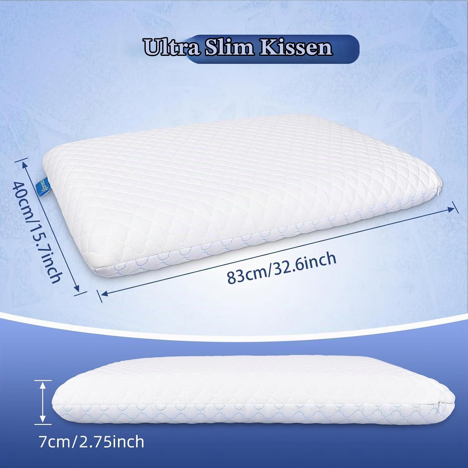 Hapiclody Flaches Kopfkissen aus Memory Foam, Dünnes Kissen für Bauch- und Rückenschläfer, Kühlend & Atmungsaktiv, Abnehmbarer Bezug Waschbar, 40x80 cm