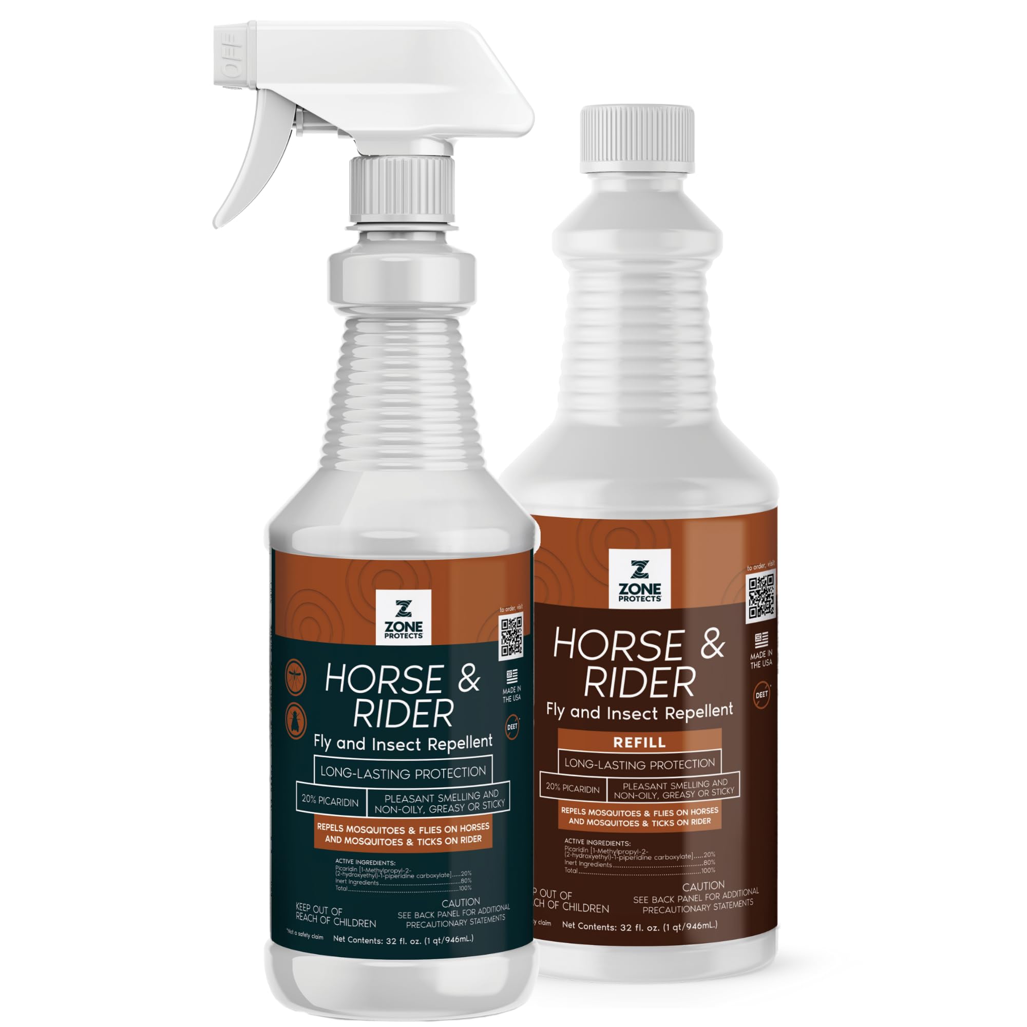 Horse & Rider Fly/Insect Repellent; 32oz Trigger Sprayer Plus Refill; Picaridin Based Fly, Tick, No-seeum and Mosquito. 12-hr Protection Against Biting Flies