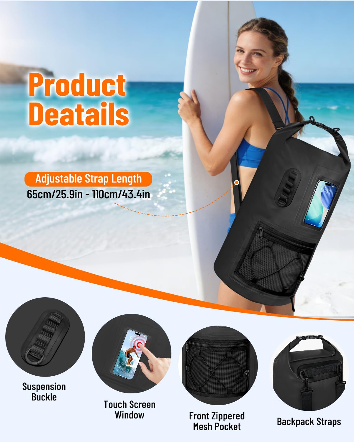 Dry Bag wasserdichte Tasche 20L/30L, Drybag Schwimmfähige Strandtasche, Wasserdichter Beutel Rucksack Con Handyhülle Wasserdicht für Schwimmen Camping Kajakfahren Angeln