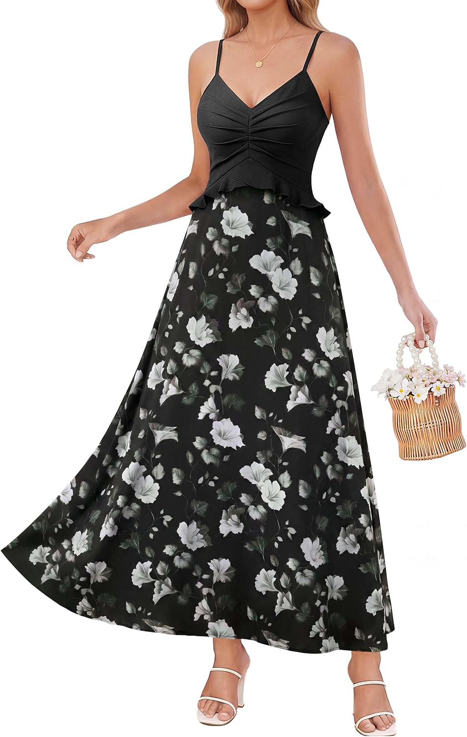 VFSHOW Womens Spaghetti Strap Formal Wedding Guest Ruched V Neck Ruffle Cocktail Evening Party Pocket A Line Long Dress