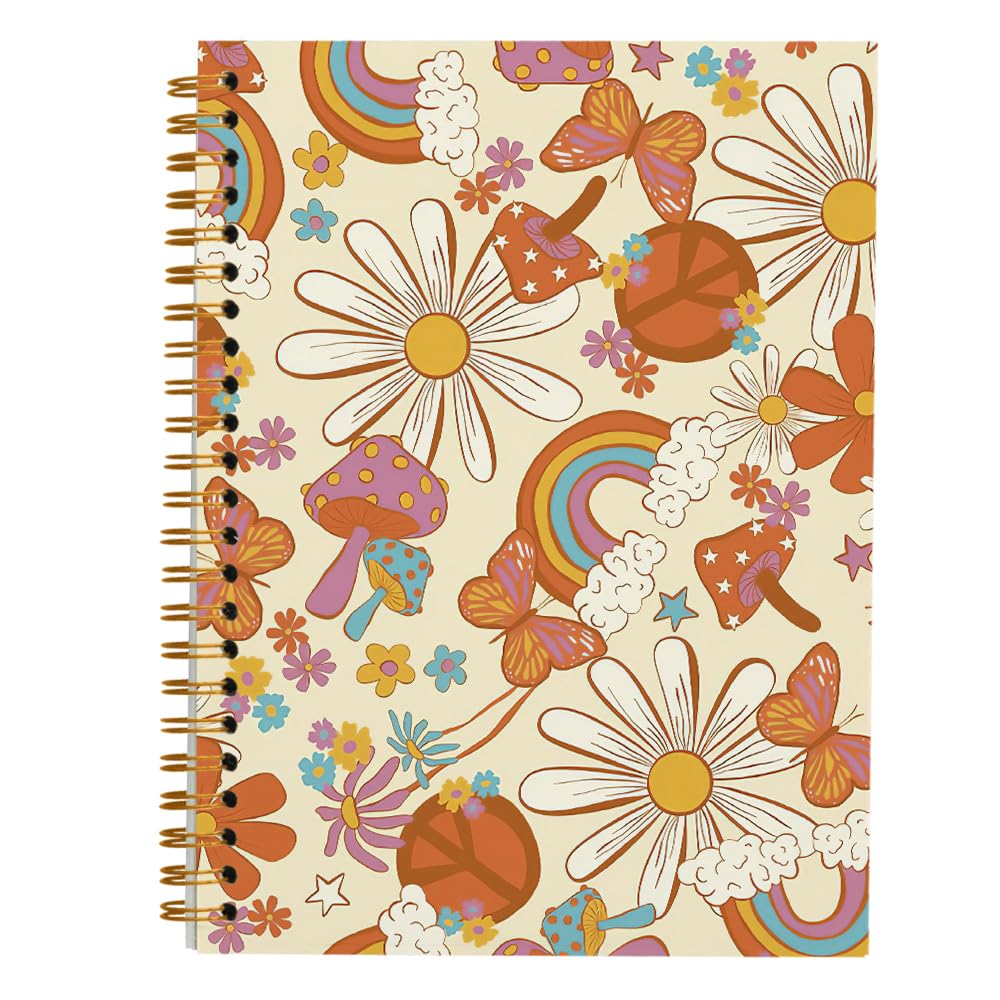 Tizzer Retro 70s Groovy Hippie Mushroom Daisy Butterfly Rainbow Peace Sign Lined Hardcover College Ruled Spiral Notebook Journal for Work Notes