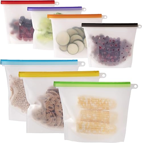 WeeSprout Bolsas reutilizables 100% de silicona para almacenamiento de alimentos, juego de 7 bolsas herméticas y a prueba de fugas (cuatro bolsas de