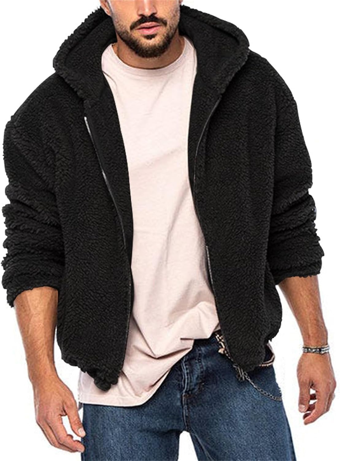 Thatrich Fleece Jacket Men Fuzzy Reversible Cropped Coats Winter Warm Full Zip Solid Hoodies Fashion Outfits with Pockets