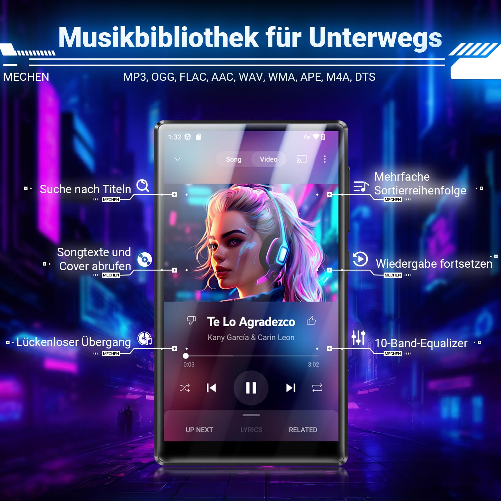 MECHEN 256GB MP3 Player Spotify Bluetooth WiFi, Android 13 & WLAN Streaming, 5,0 Zoll IPS Display 1080P, Audible Deezer Amazon Music Vorinstalliert (X56-D)