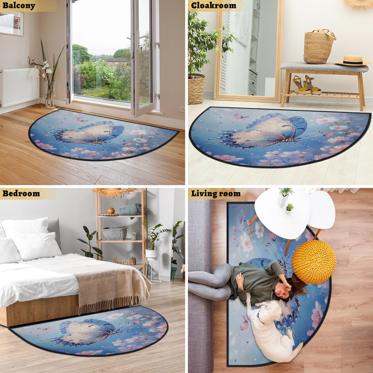 Mexpekil Paillasson demi-rond antidérapant lavable en demi-lune avec motif papillon et motif floral bleu - pour intérieur et extérieur - 100 x 160 cm