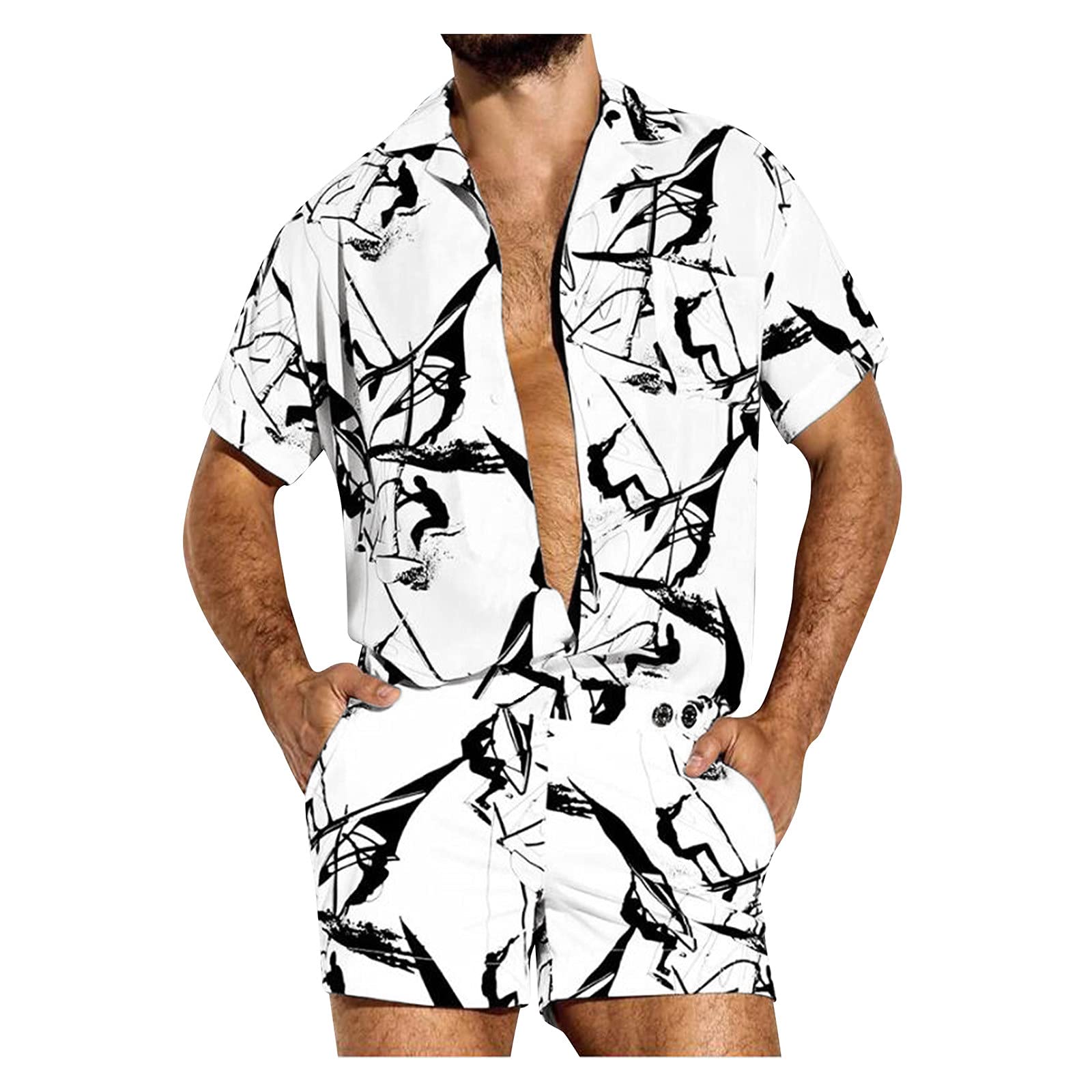 PLOIUUEW Chándal de 2 Piezas para Hombre, 2 Piezas de Verano para Hombre Camisas de Manga Corta y Pantalones Cortos de Playa Camisa Hawaiana y Pantalones Cortos Traje Conjuntos de Trajes Casuales
