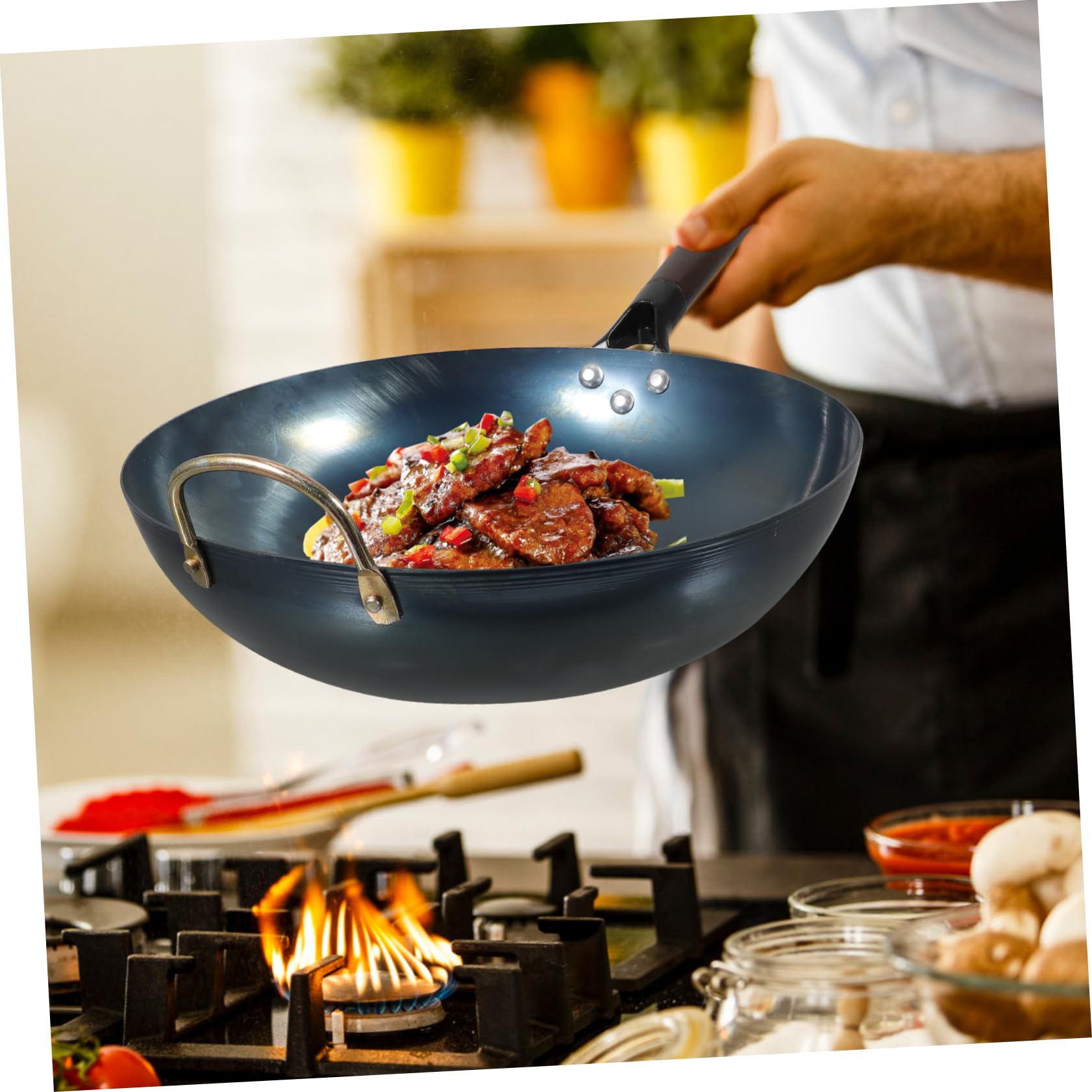 Ciieeo Sartén Wok Chino de Hierro Fondo Plano y Mango de Madera, Superficie Lisa Multifuncional Adecuado para Barbacoa y Cocina Tradicional