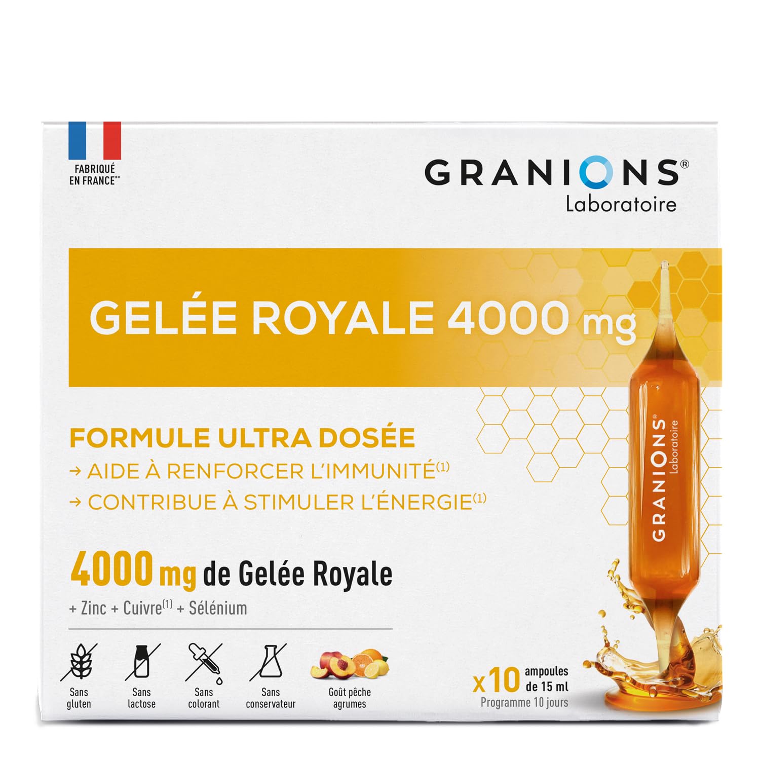 GRANIONS GELEE ROYALE 4000 MG - Complement Alimentaire Ultra-​Dosé à base de Gelee Royale - Selenium Zinc et Cuivre - Gelee Royale Immunité Adulte & Energie - 10 Ampoules, Cure 10 Jours, Made in France
