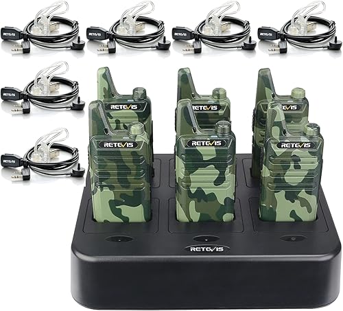 Retevis Walkie Talkies RT22 Camo con auricular, radios bidireccionales recargables con estación de carga de 6 ranuras, delgado y ligero, radios