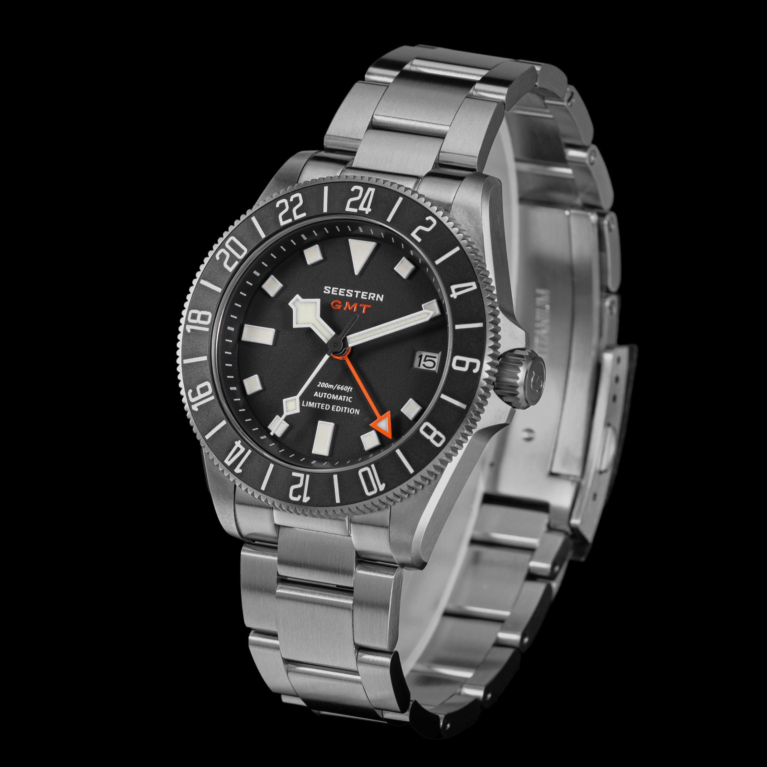 Titanium GMT S462.K, wasserdichte Sportuhr, automatisch, mechanische Herren-Taucheruhr, 200 m, Schwarz, Sport