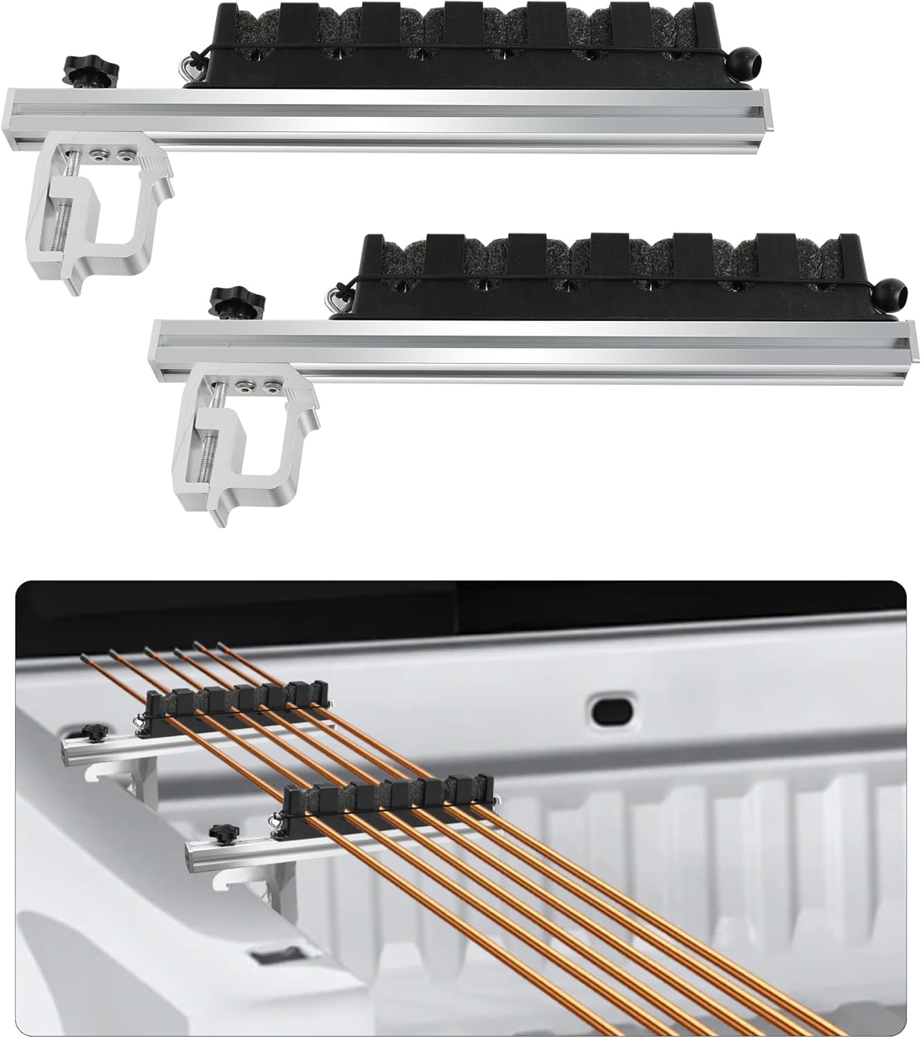 Truck Bed Fishing Rod Holder, Adjustable Aluminum Clamp on Rod Holder, Can Hold 6 Fishing Rods, Fit for Truck Bed or Boat Pickup Truck Bed