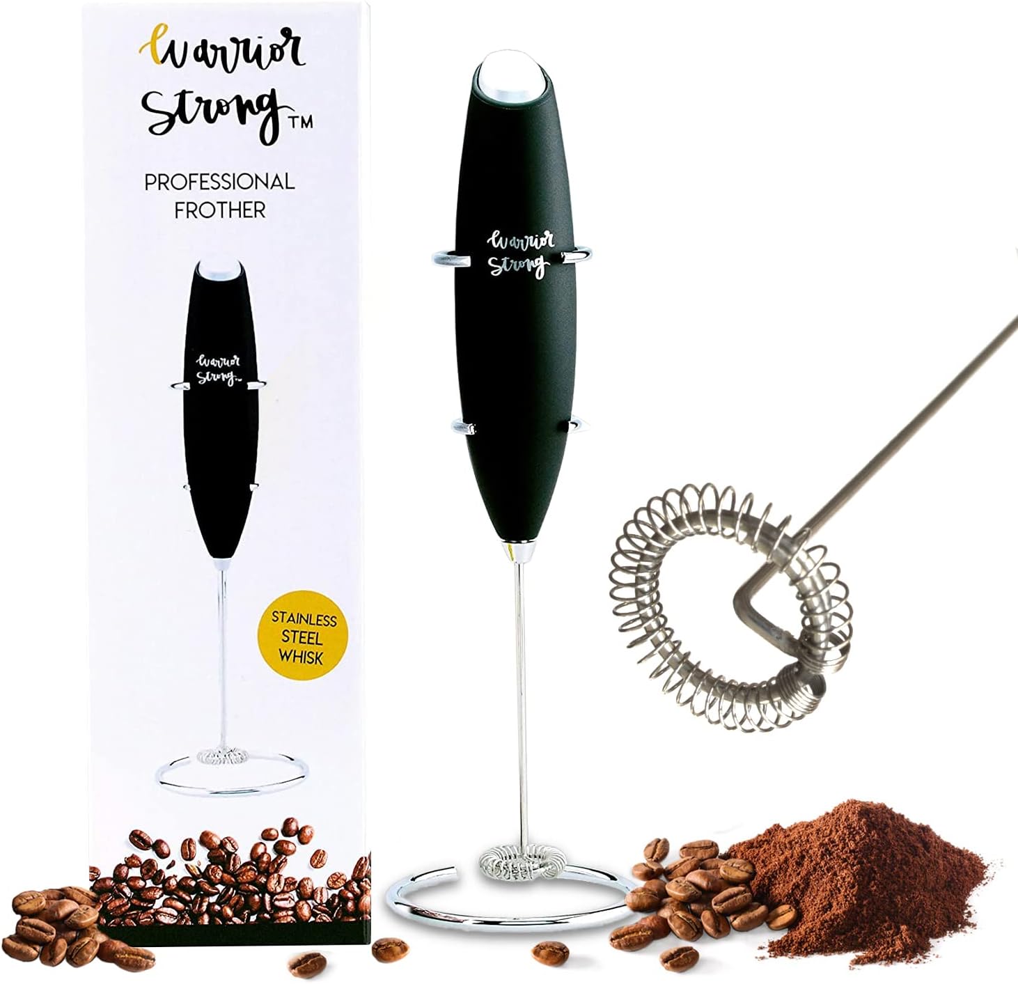 Stainless Steel Frother and Stand by Warrior Strong Wellness Handheld Battery Operated Milk Frother Whisk For Coffee Frappe Latte Matcha Durable Drink Mixer