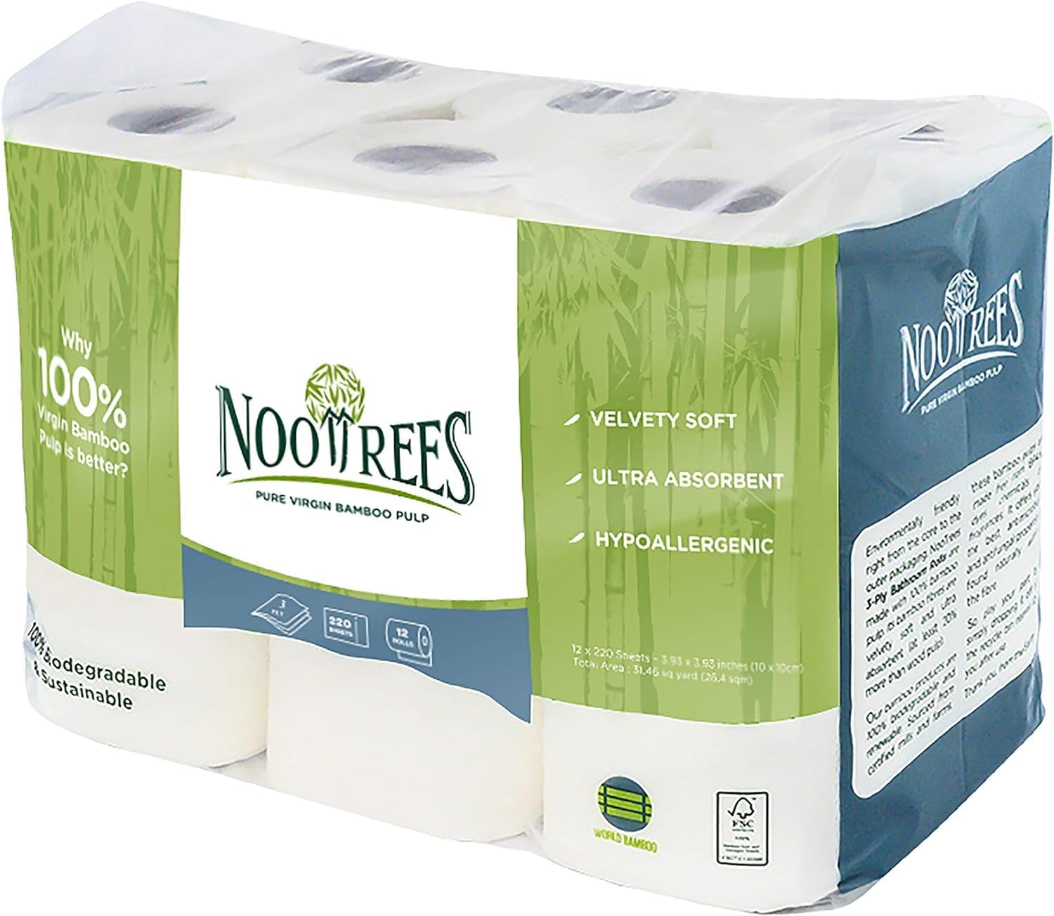 NooTrees Toilet Tissue, Tree Free, Biodegradable, Sustainable, Renewable and FSC Certified 3-ply Toilet Paper, 220 Sheets, 12 Rolls, Pack of 4 (48 Rolls).