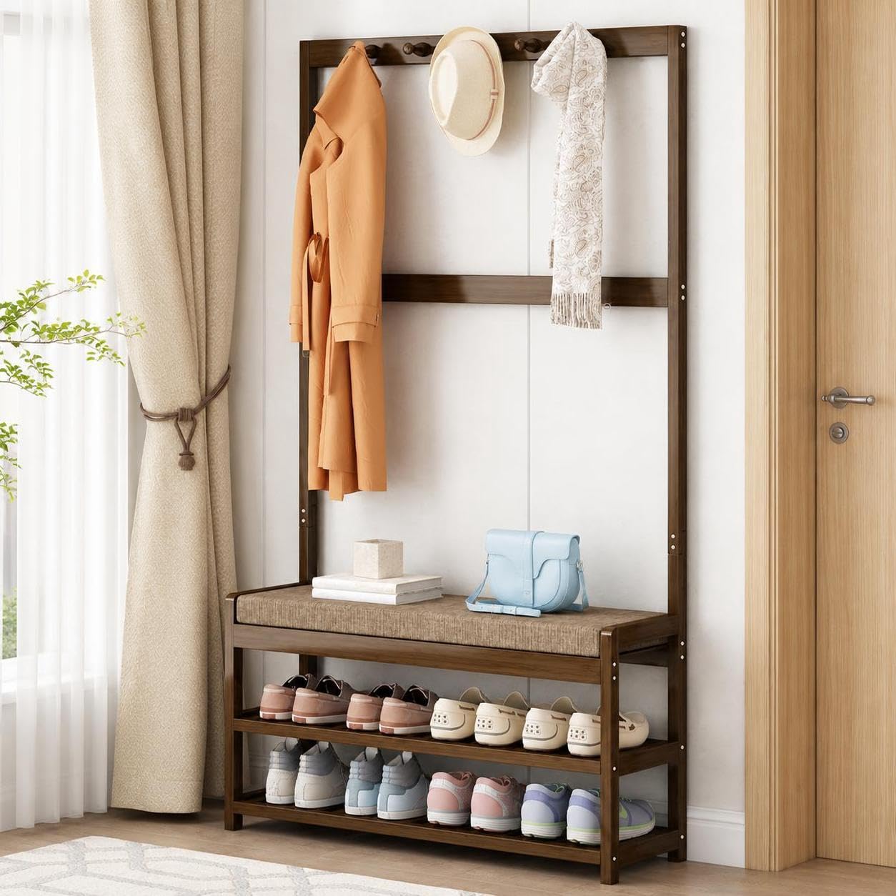 Árbol de Entrada de Madera Maciza, Perchero con Zapatero y Banco para Cambiar Zapatos, Mueble Funcional para recibidor