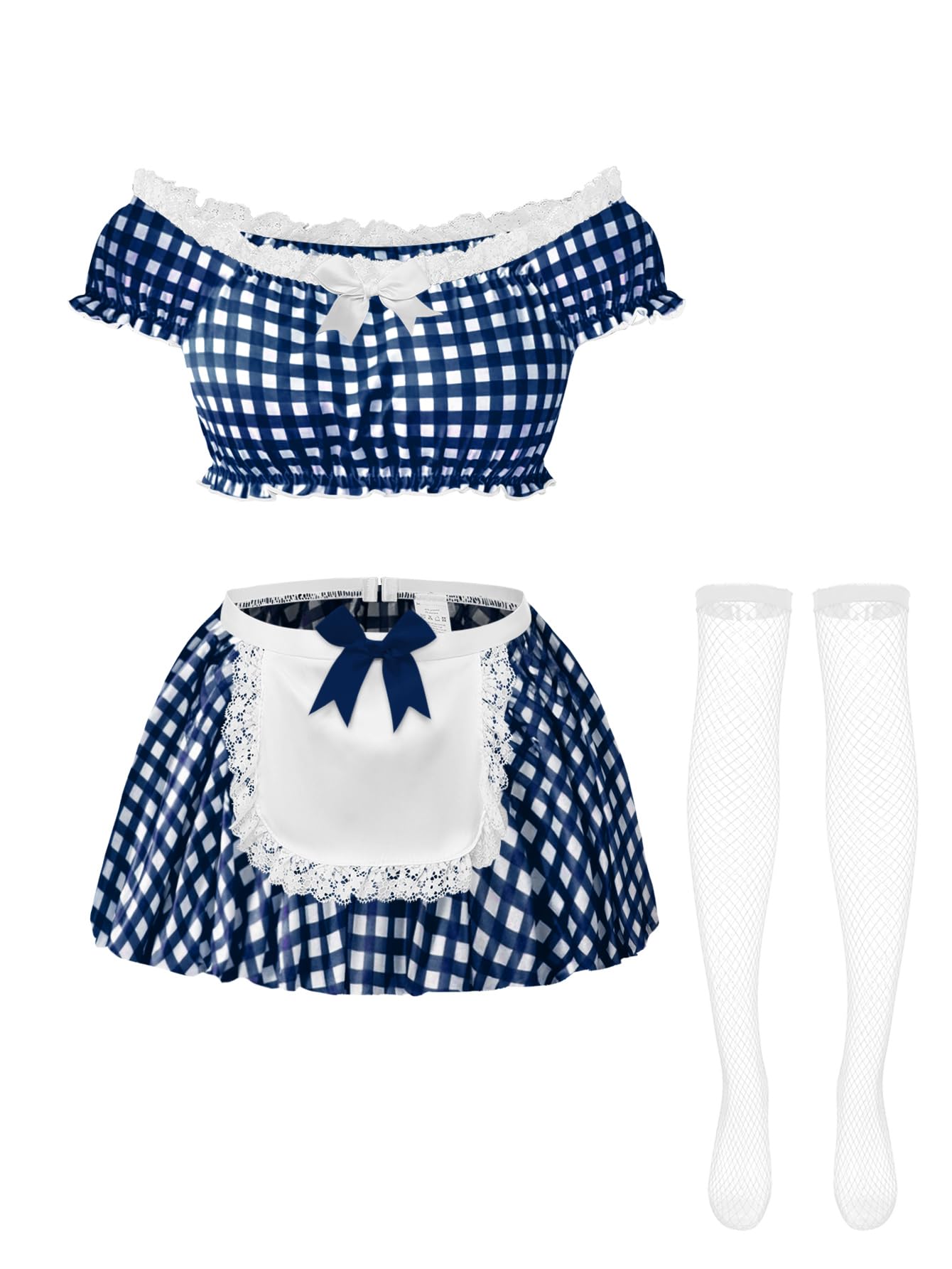 Foxiny Sexy Stockings Mini Skirt Mesh Sheer Lace Halloween Costume Maid Outfit Lingerie with Thong Set 4 Piece: Small Checkered Blue