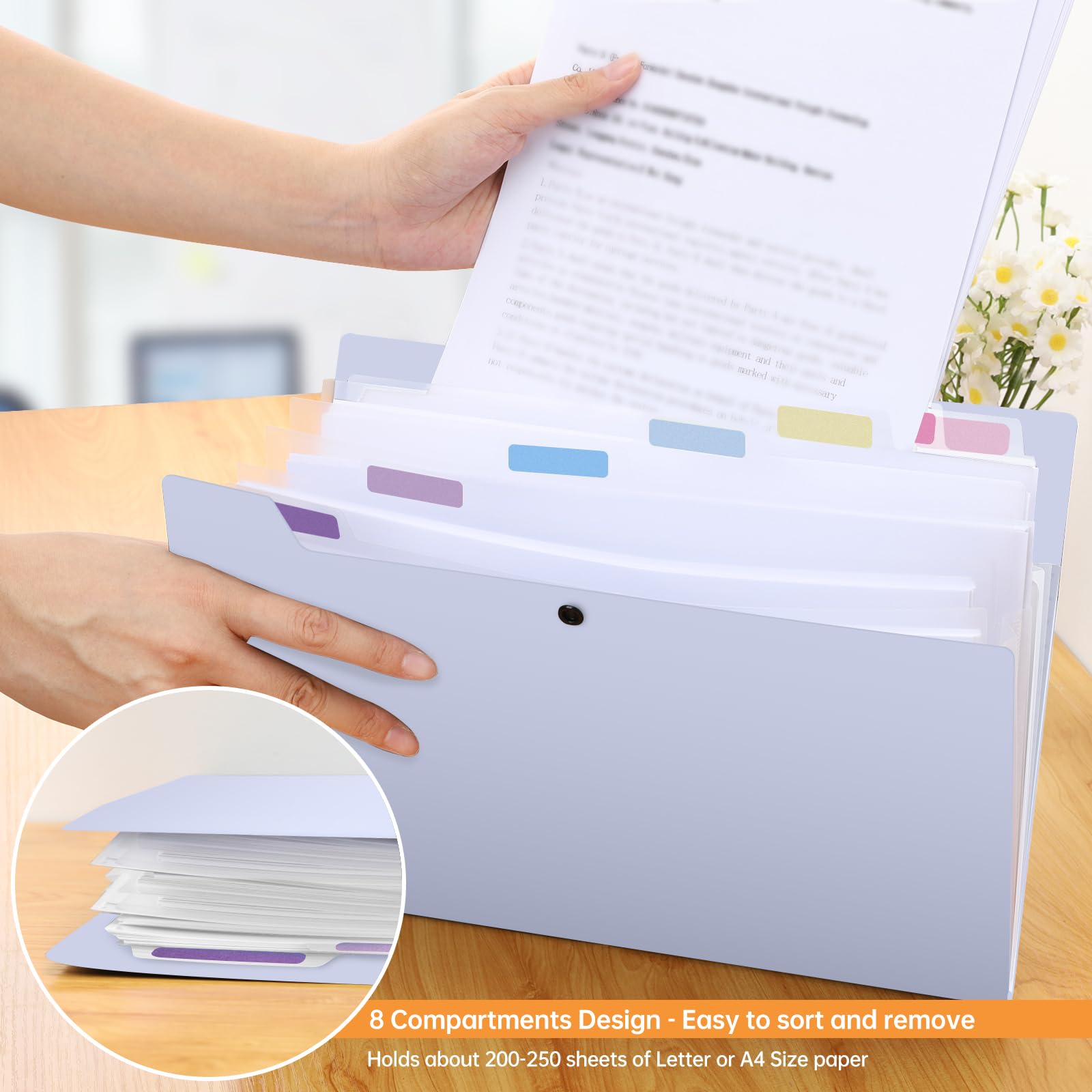 FRETONBA Accordeon File Organizer, 8 vakken uitbreidbare doos bestand, plastic documentenmappen voor papierwerk A4 met deksel en labels, organizer opslag voor thuis, kantoor, school, paars