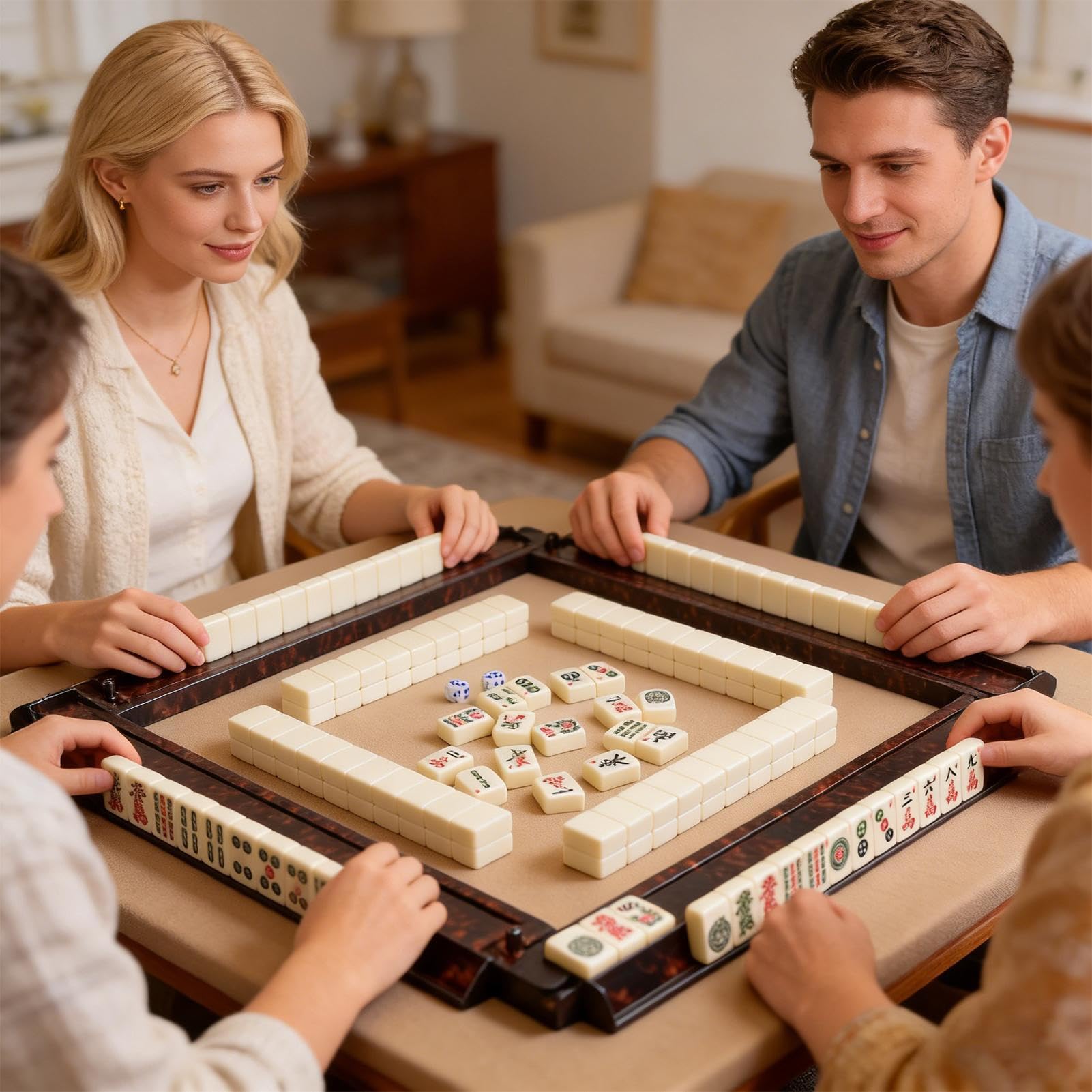 Popychacz i do mahjonga 4-Częściowy Antypoślizgowy Odporny na Zarysowania | na mahjong w kolorze szylkretu z popychaczem Do Domów Kultury, Sal Gier, Spotkań Rodzinnych, W Podróży
