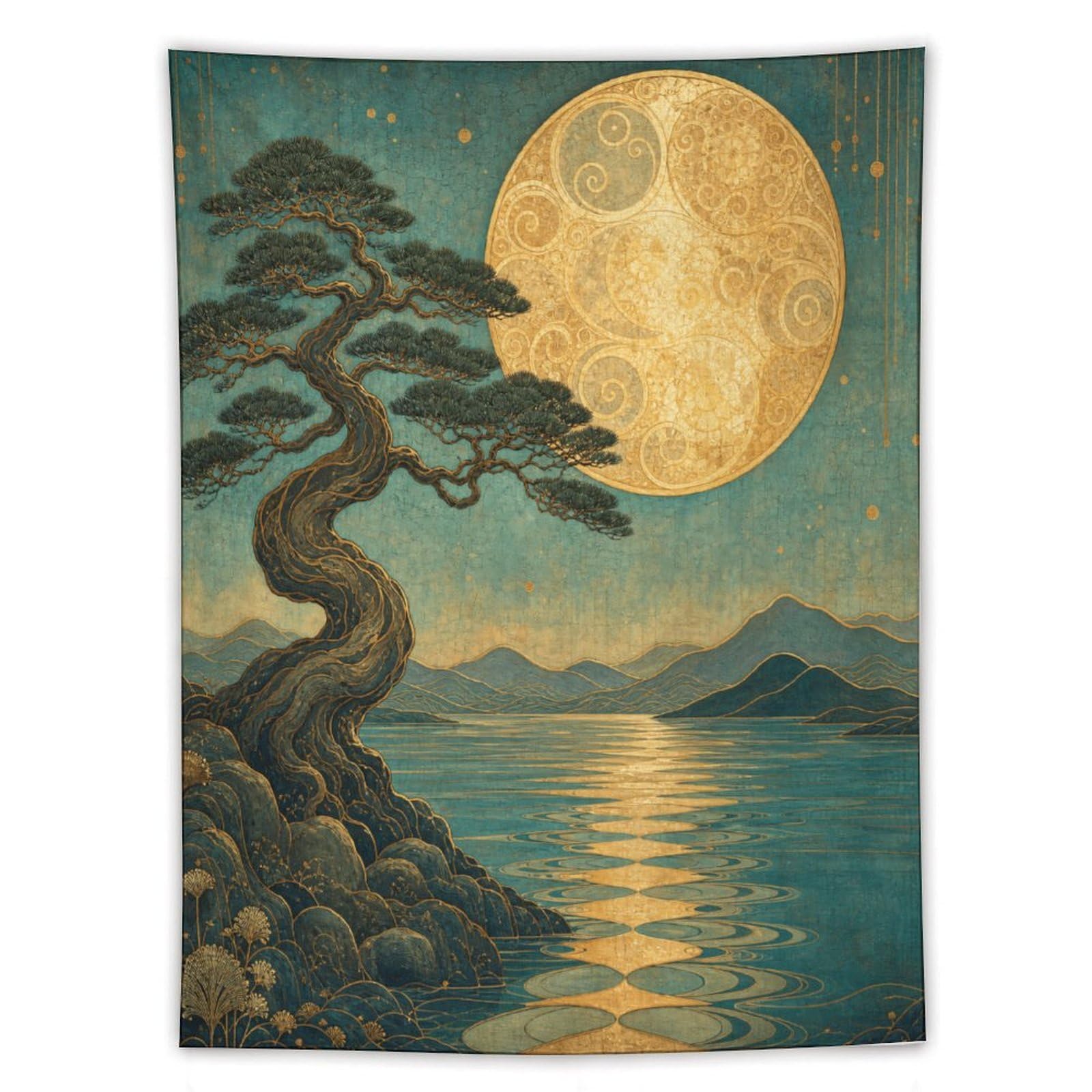 H3B8U2Y5 Pine Tree under Full Moon Wall Tapestry, Ukiyo-e, Reading Corner