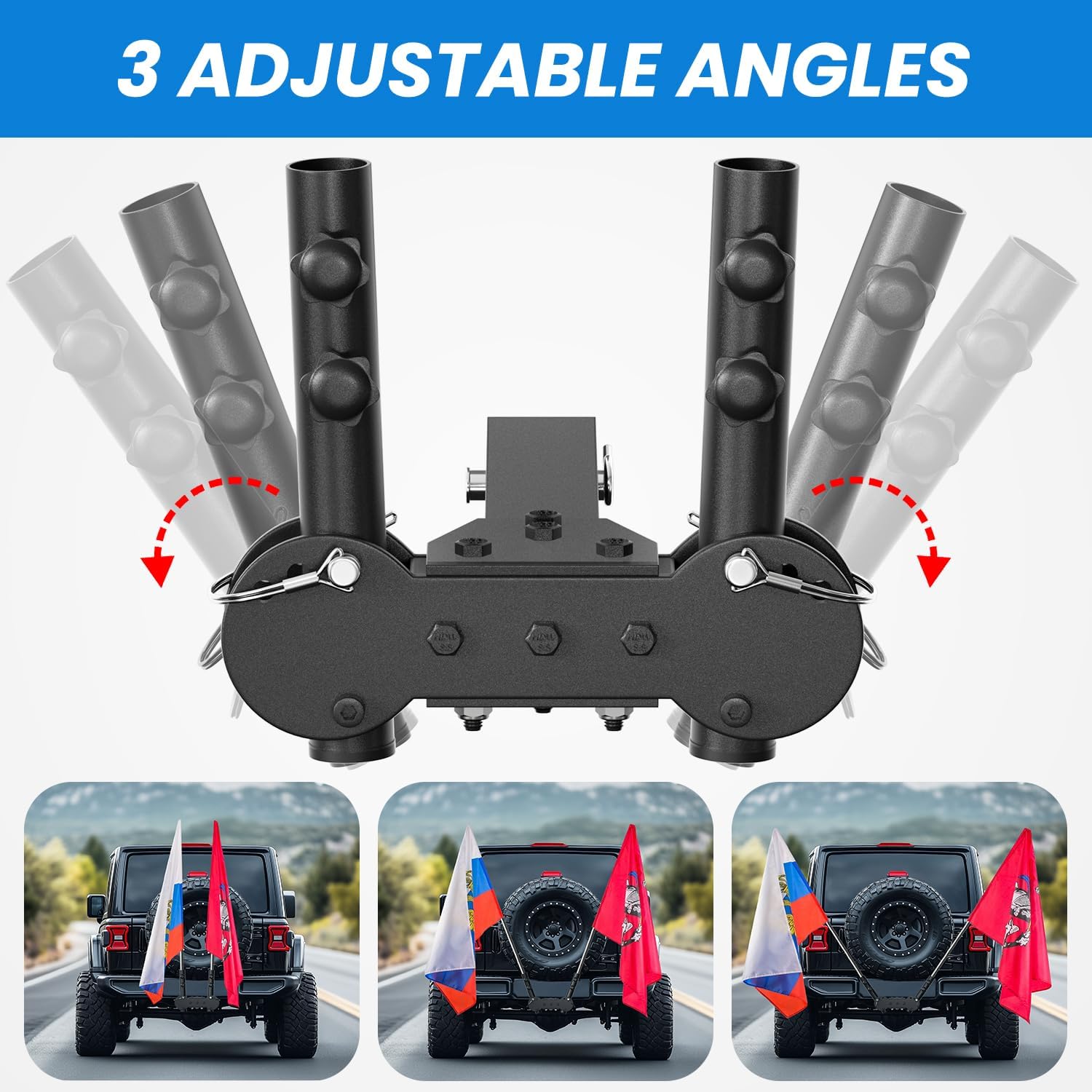 Adjustable Angle Double Hitch Mount Flagpole Holder | All Metal Durable , Fits Standard 2" Trailer Hitch, Compatible with Pickup, Truck, SUV, RV, Jeep, Camper Trailer (Double Flagpoles) - Image 2