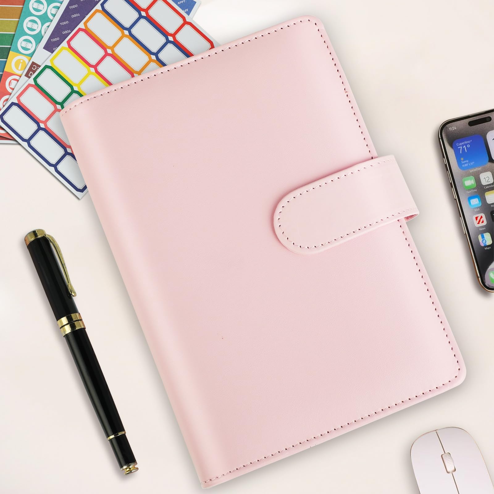 Budget Binder A6 Planner Finansowy z 8 Kopertami na Suwak Różowy | Skóra PU, 12 kart budżetowych, zarządzanie gotówką, planowanie wydatków, organizacja podróży, z linijką i naklejkami