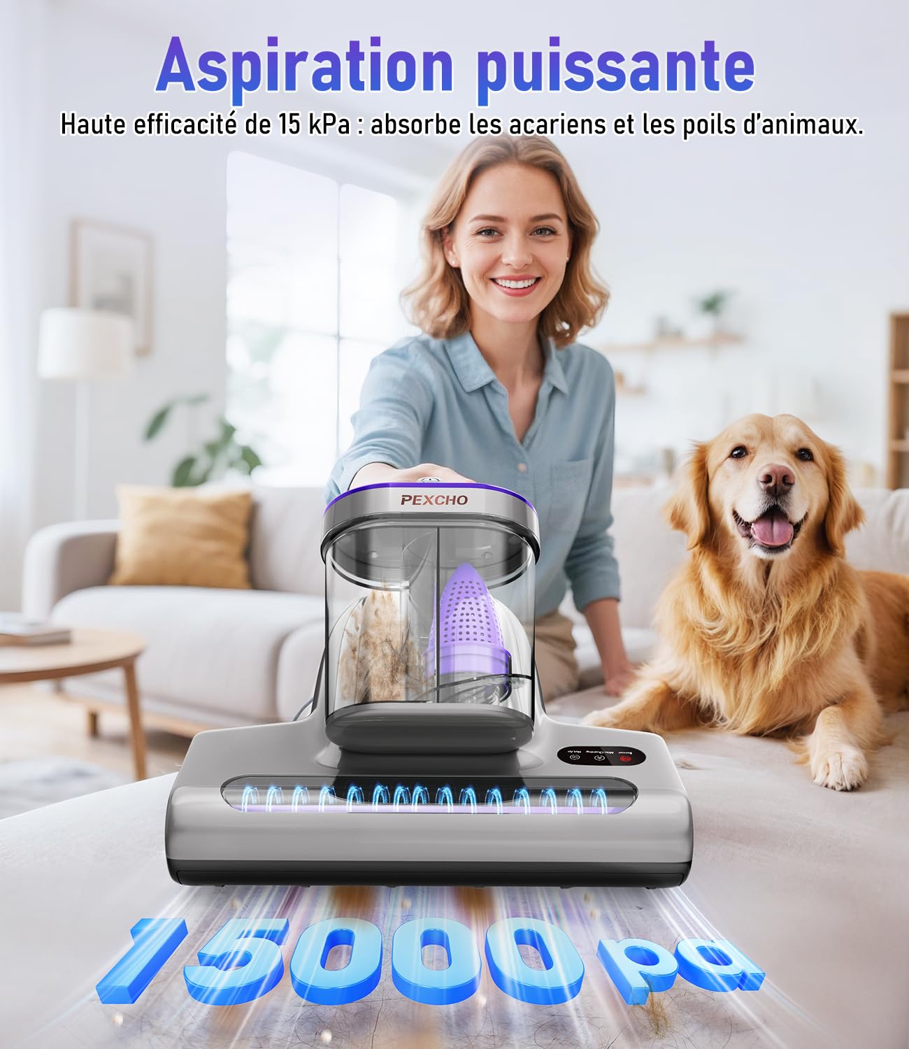 PEXCHO PM600 Aspirateur Anti Acariens avec lumière UV, 500 W, pour Les Personnes allergiques, élimine 99,9% des acariens, allergènes, Poils d'animaux des Matelas, Tapis et canapés
