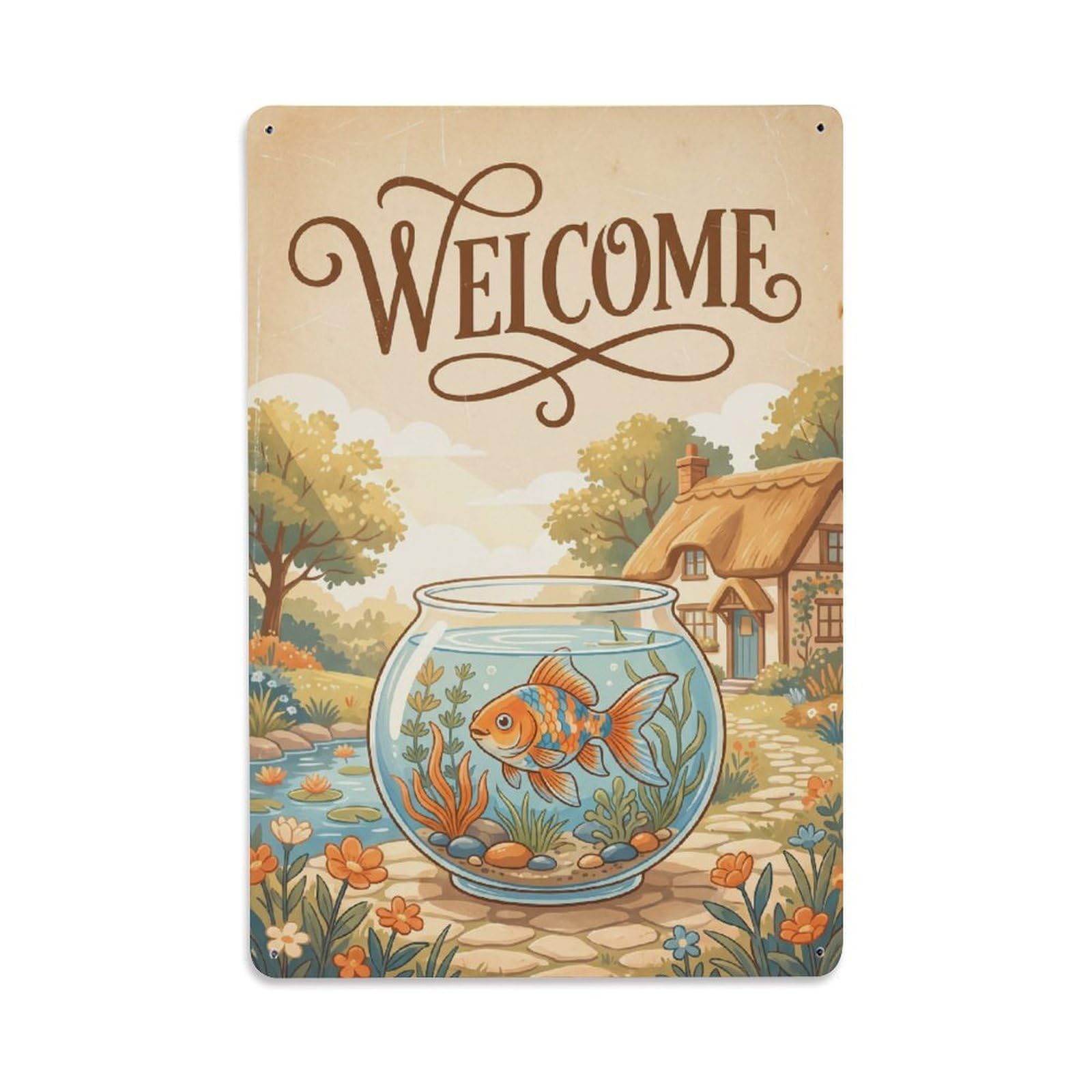 Vintage Welcome Goldfish Joyful Vibes Metal Tin Sign