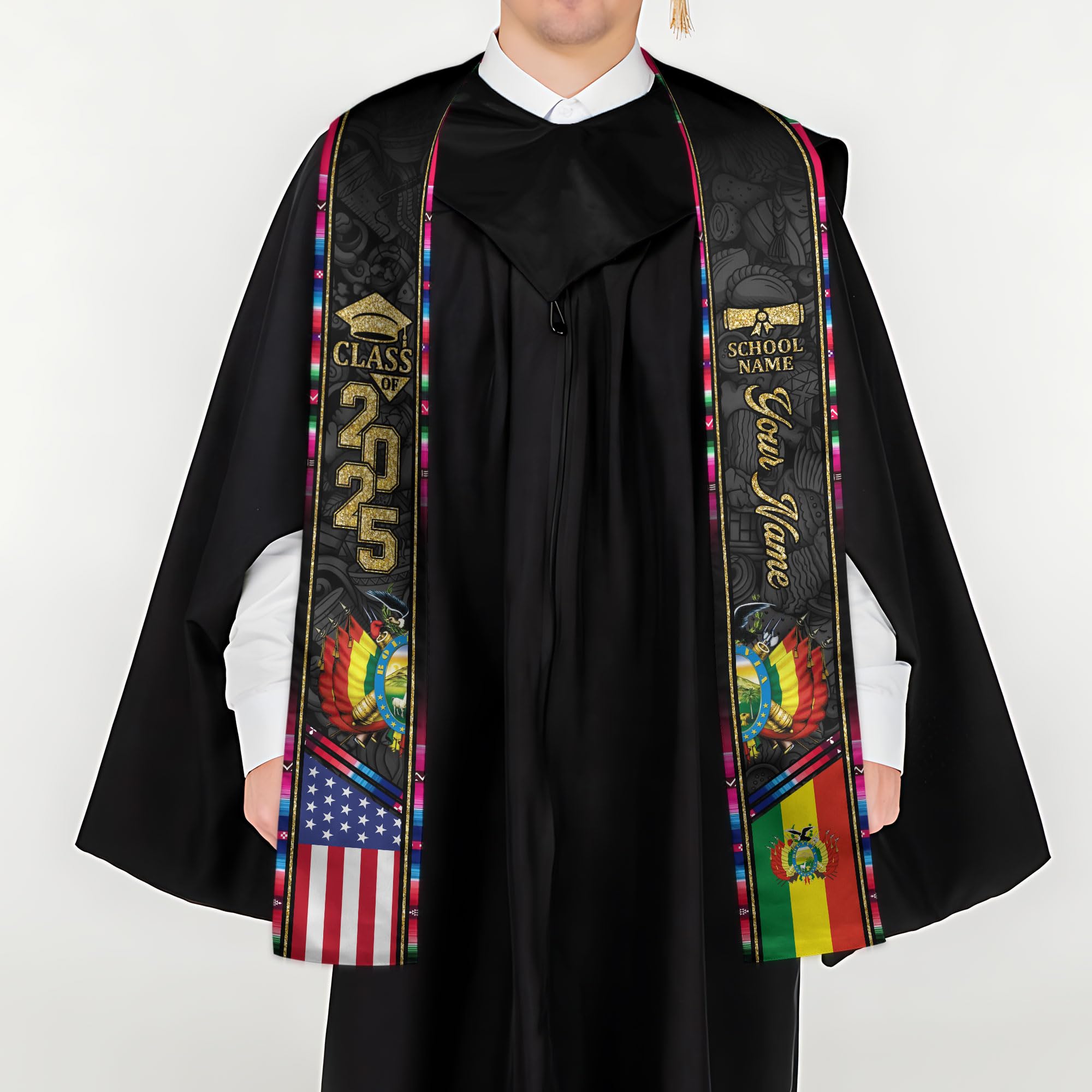 MonkeyVan Personalized Bolivia Graduation Stole, Bolivian Graduation Sash, Bolivia Flag Graduation Stole, Class of 2025 M51