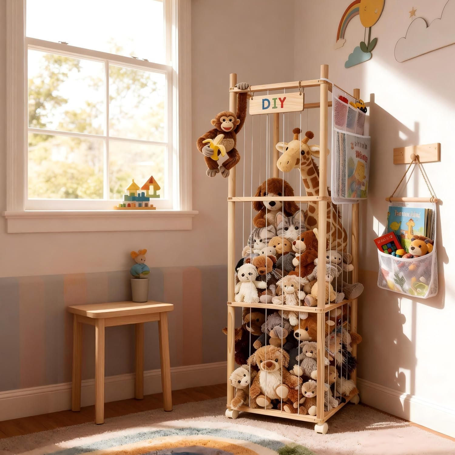 Stuffed Animal Storage Organizer, Wooden Zoo Stuffed Animal Holder with Wheels, Large Capacity Organizer with Storage Bag, Toy Organizer with Elastic Cords for Playroom, Bedroom, Nursery
