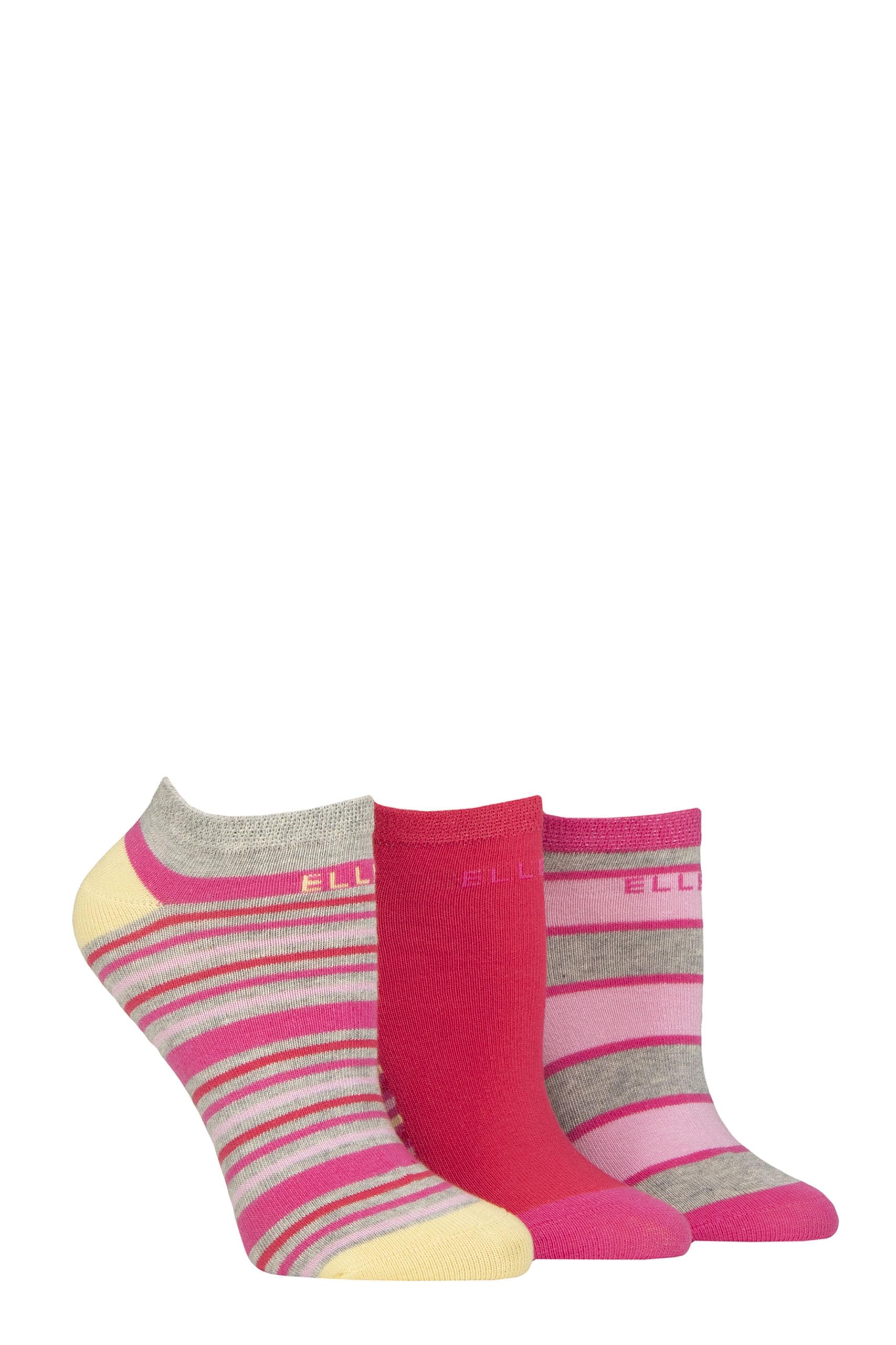 Elle Ladies No-Show Socks - Soft Cotton in Plain, Stripe and Patterned Styles Multipack of 3 Size 4-8 (UK, Numeric, 4, 8, Regular, Regular, Cherry Fizz Striped)