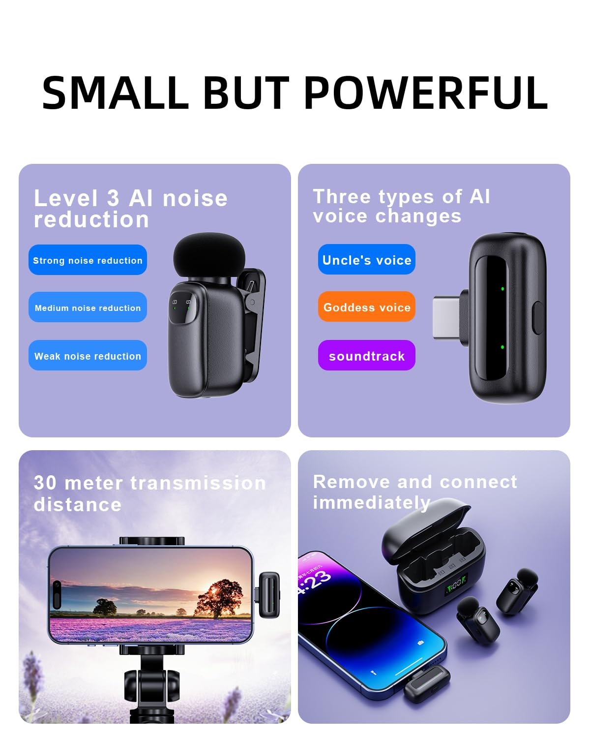 Microfono lavalier wireless per iPhone/fotocamera/laptop con custodia di ricarica, riduzione del rumore di terzo livello, durata della batteria 30H, microfono da bavero wireless per